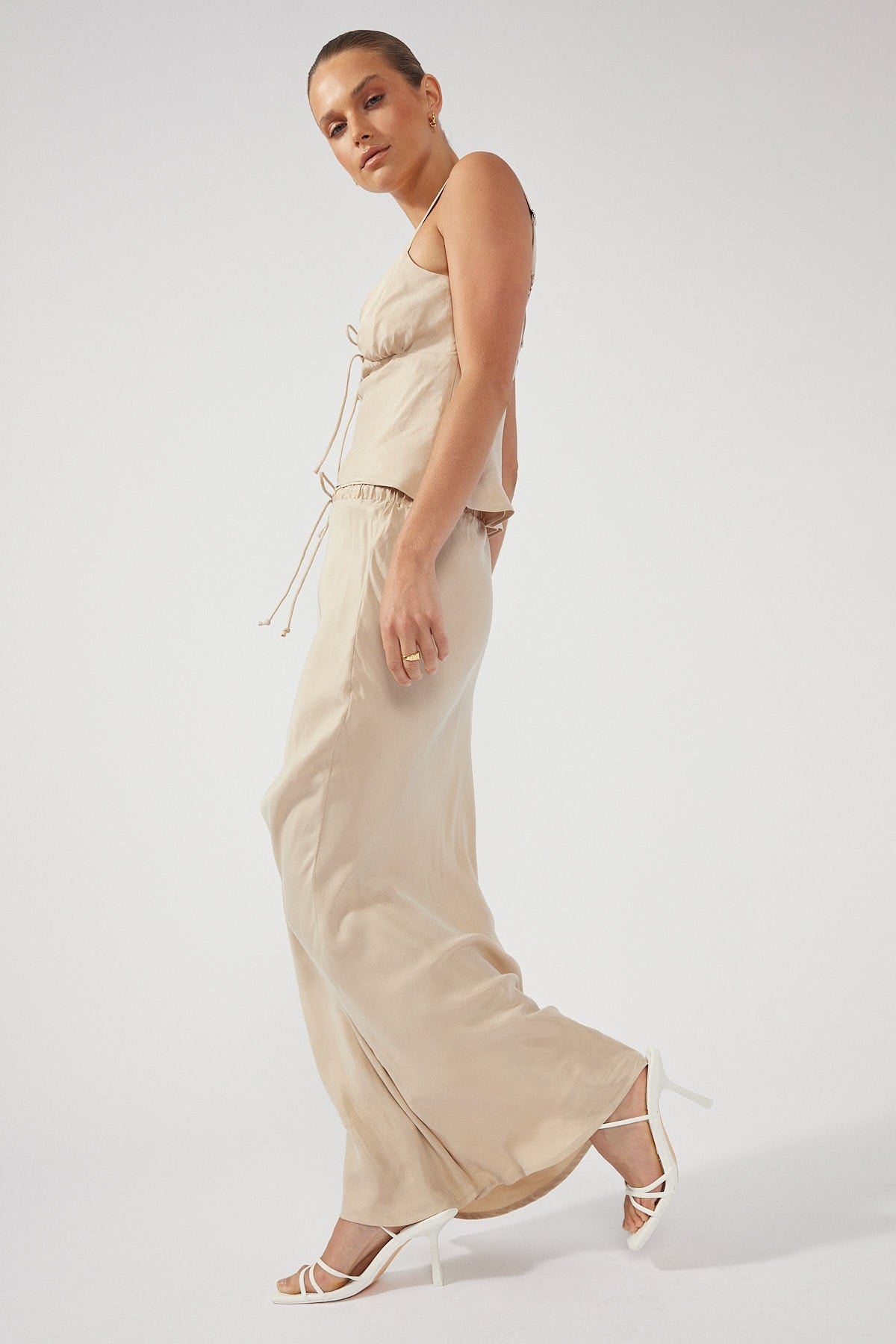 Perfect Stranger Drawcord High Rise Midi Skirt Nude