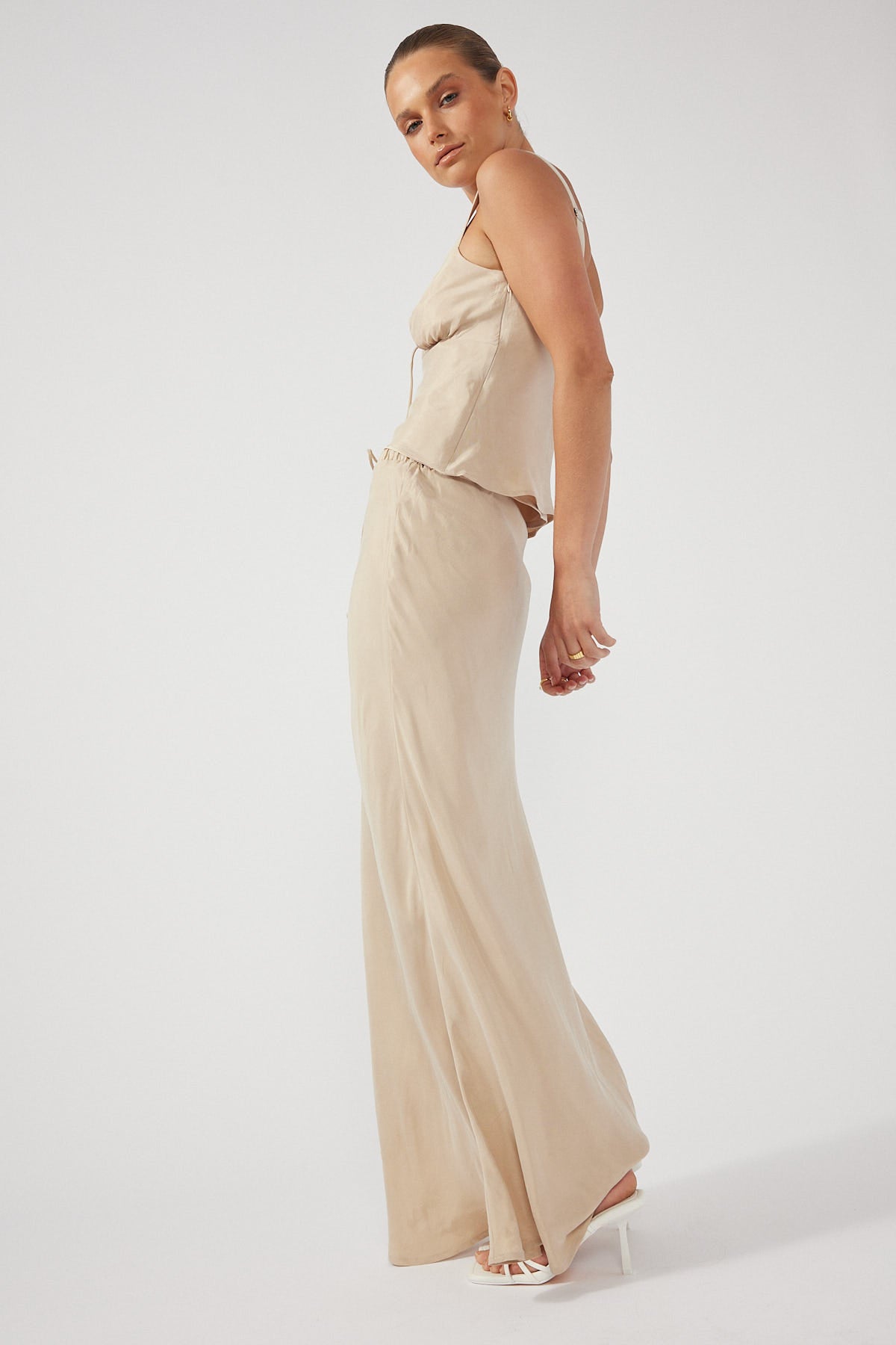 Perfect Stranger Drawcord High Rise Midi Skirt Nude