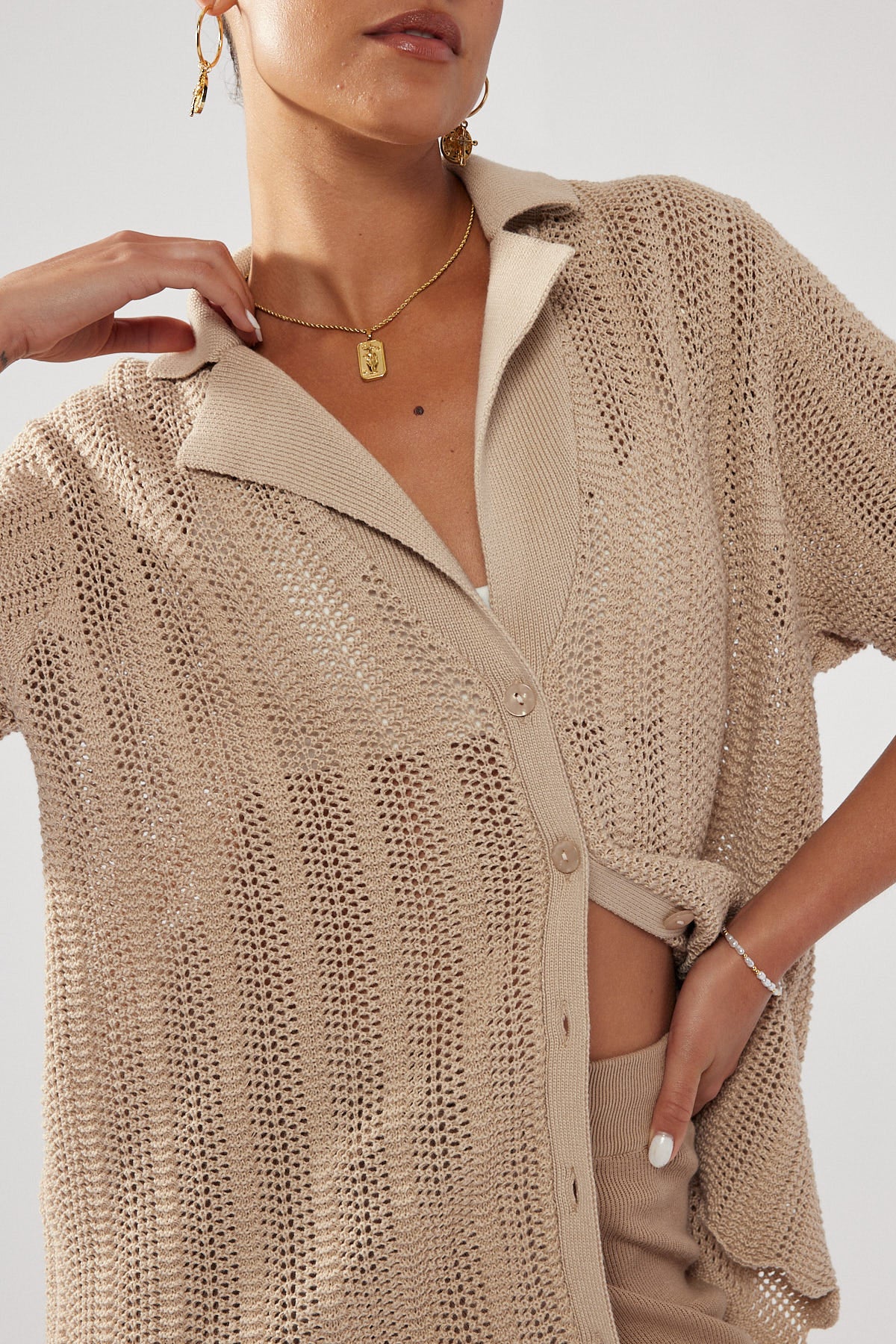 Perfect Stranger Crochet Knit Shirt Nude