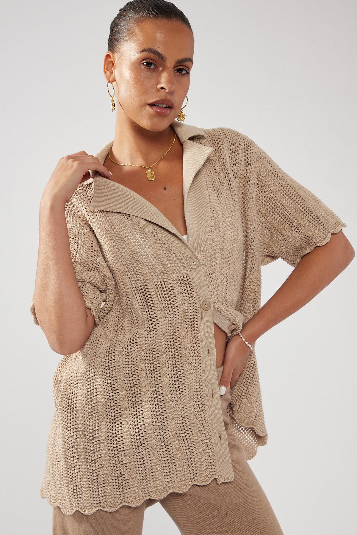 Perfect Stranger Crochet Knit Shirt Nude
