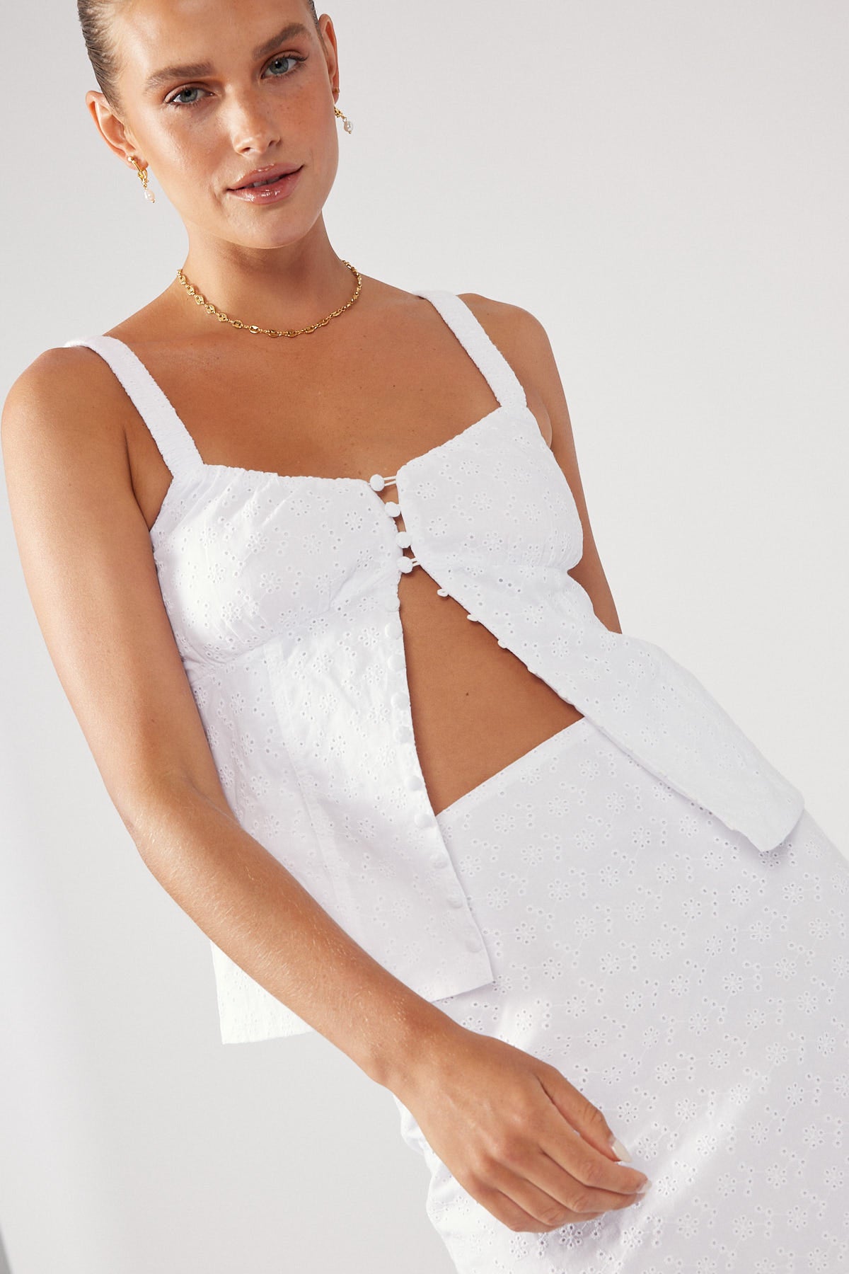 Perfect Stranger Broderie Button Up Top White