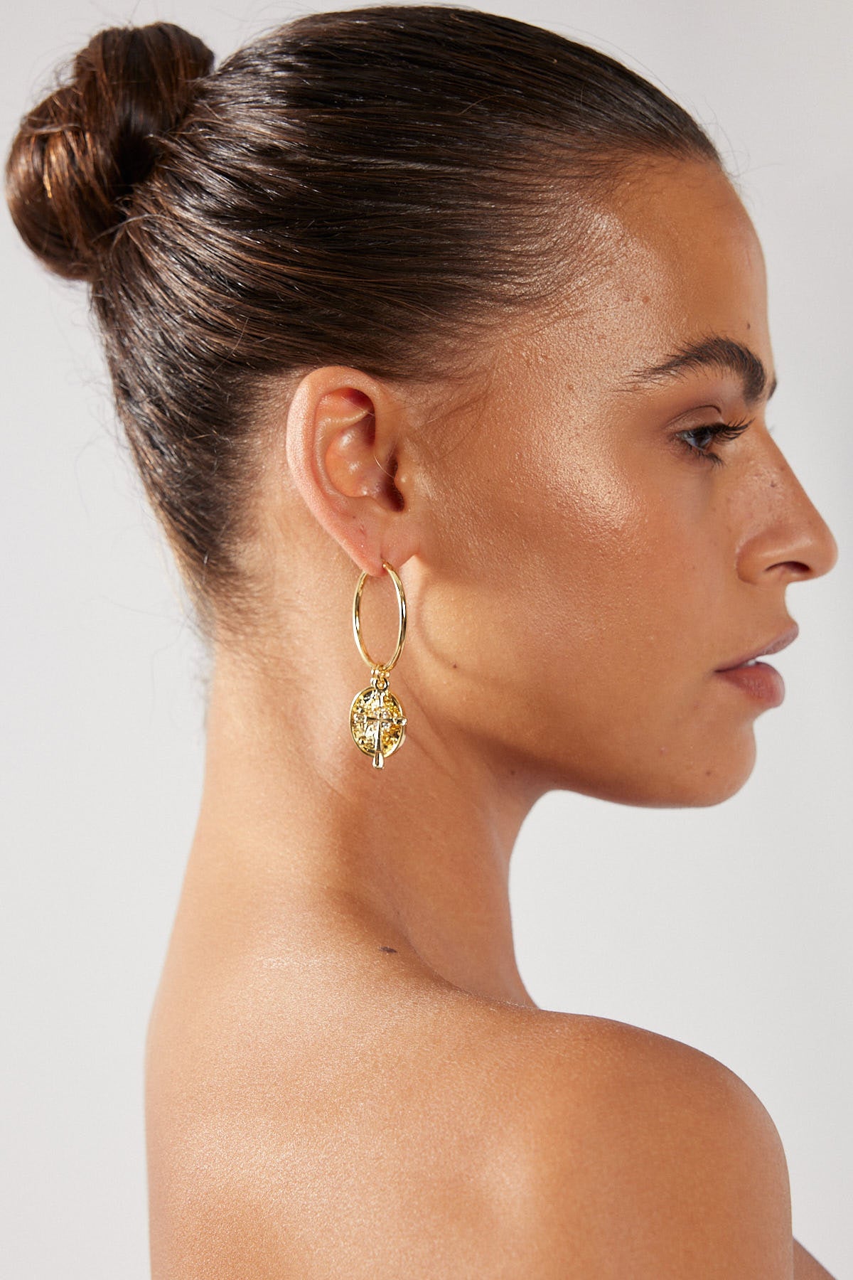 Perfect Stranger Cross Pendant Hoop Earring Gold