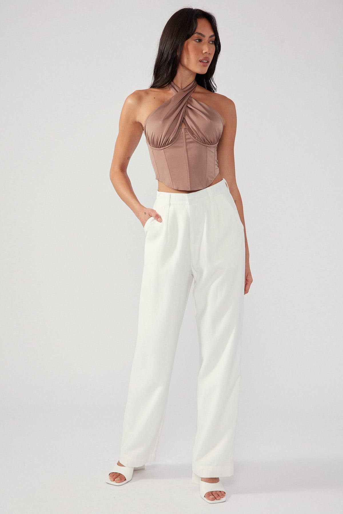 Perfect Stranger Tie Front Corset Top Nude