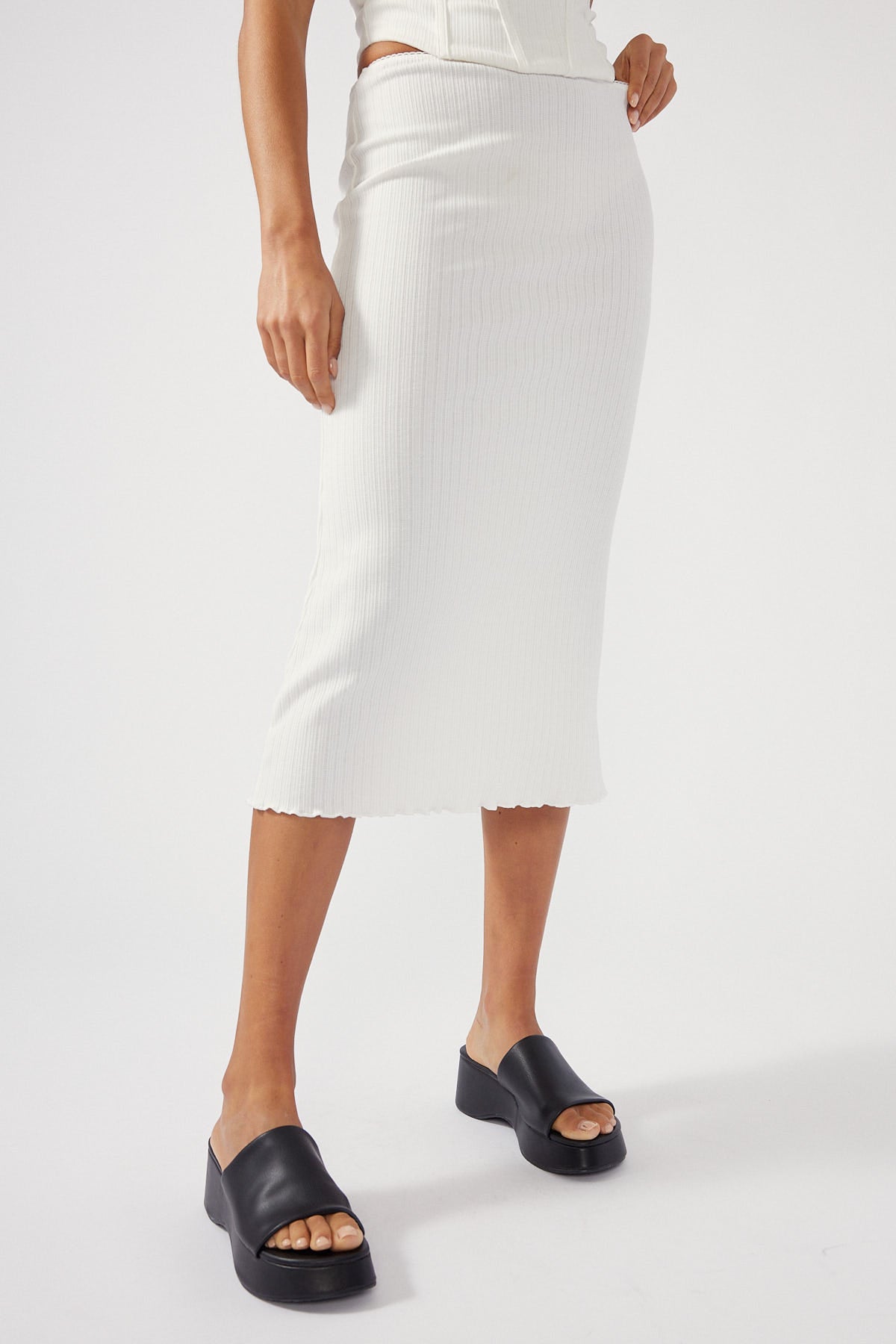 Perfect Stranger Pointelle mid rise Midi Skirt White