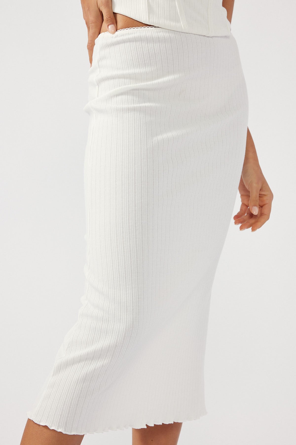 Perfect Stranger Pointelle mid rise Midi Skirt White