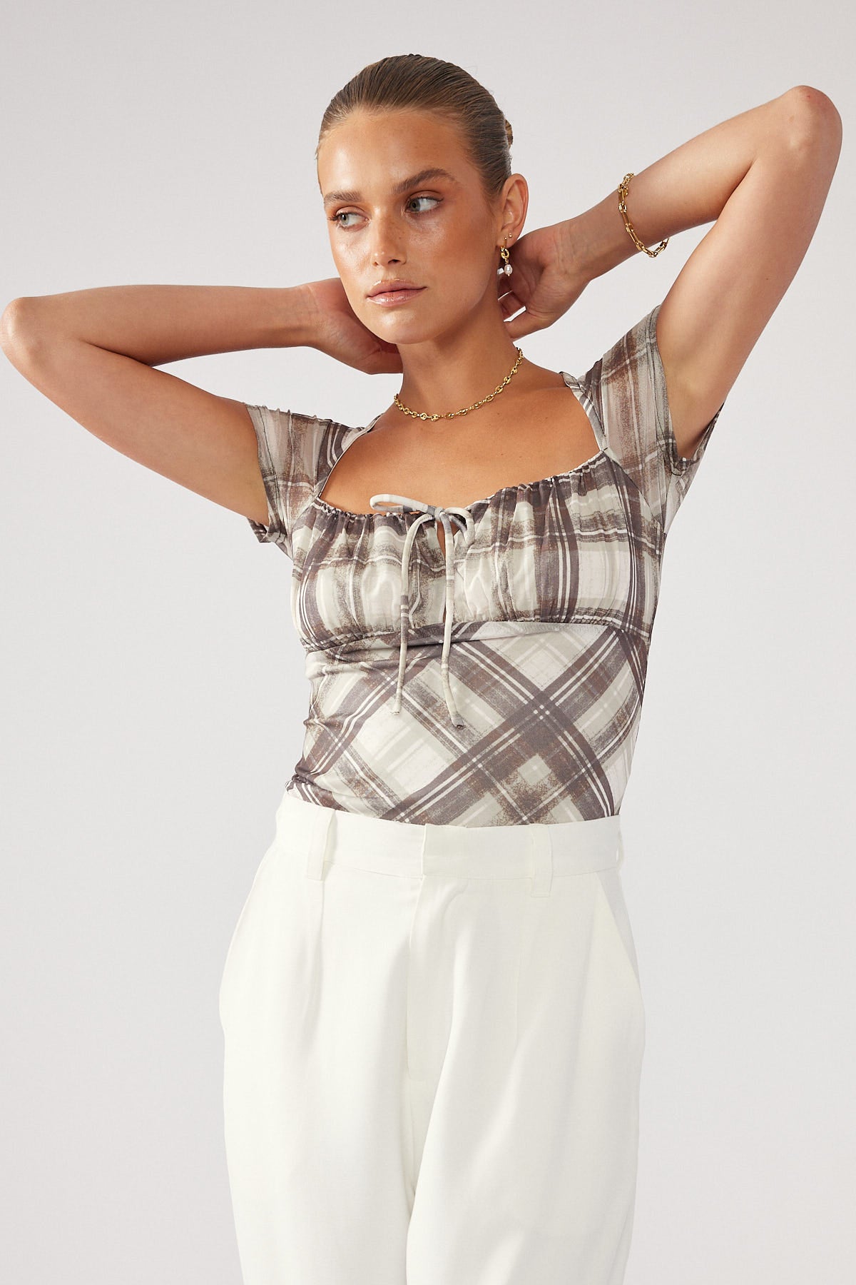 Perfect Stranger Chalk Check Mesh Top Nude Print