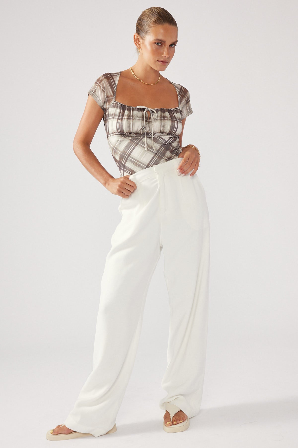 Perfect Stranger Chalk Check Mesh Top Nude Print