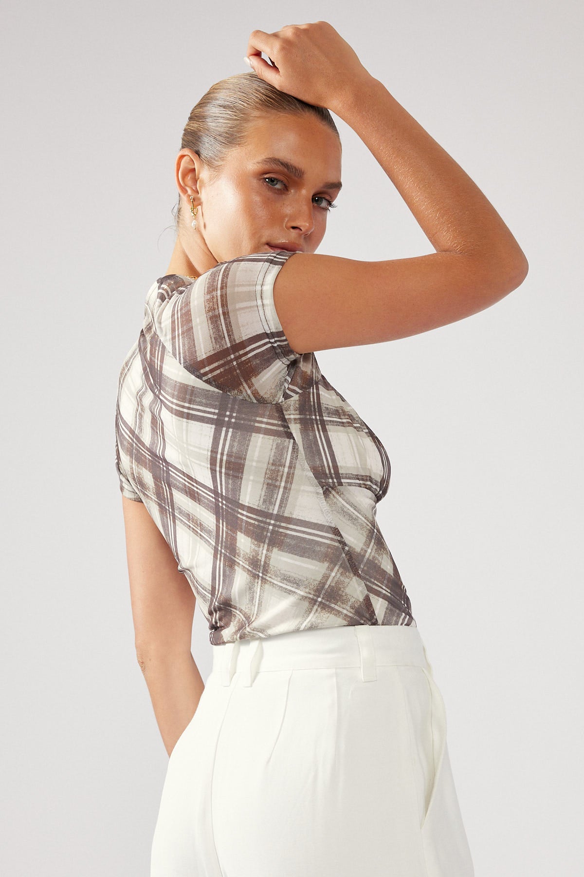 Perfect Stranger Chalk Check Mesh Top Nude Print