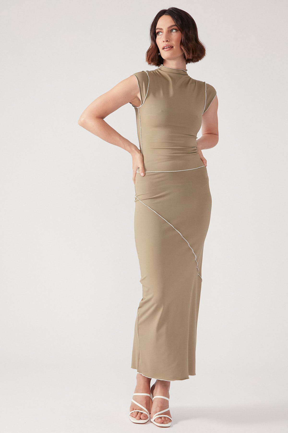 Perfect Stranger Asymmetric Contrast Midi Skirt Khaki
