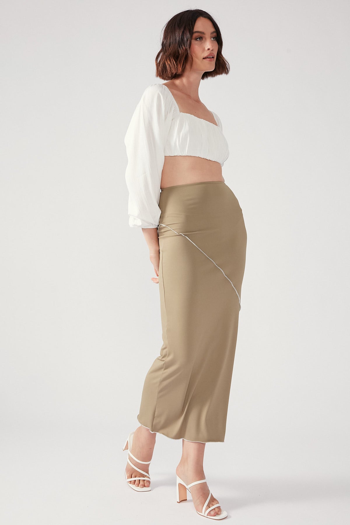Perfect Stranger Asymmetric Contrast Midi Skirt Khaki