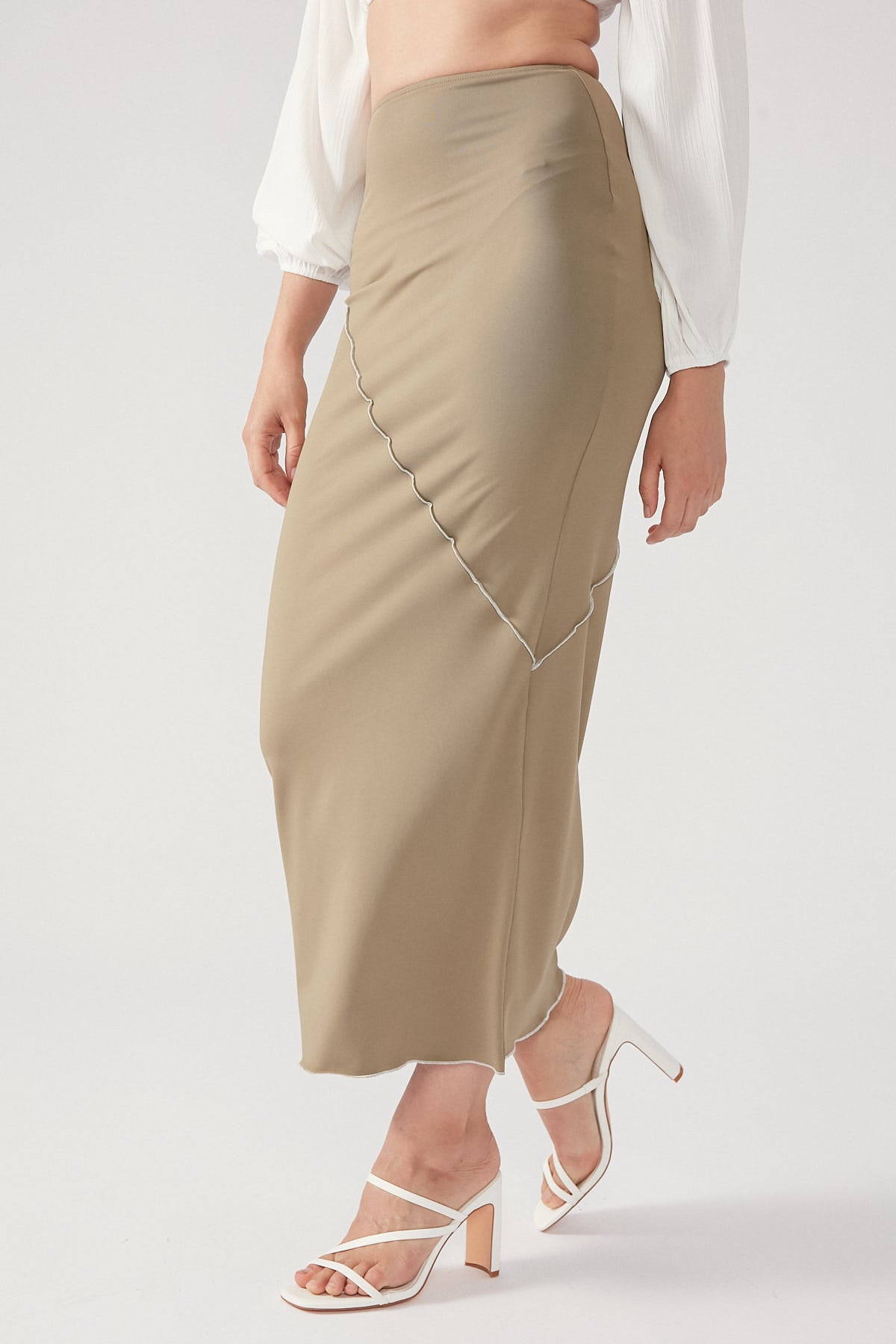 Perfect Stranger Asymmetric Contrast Midi Skirt Khaki