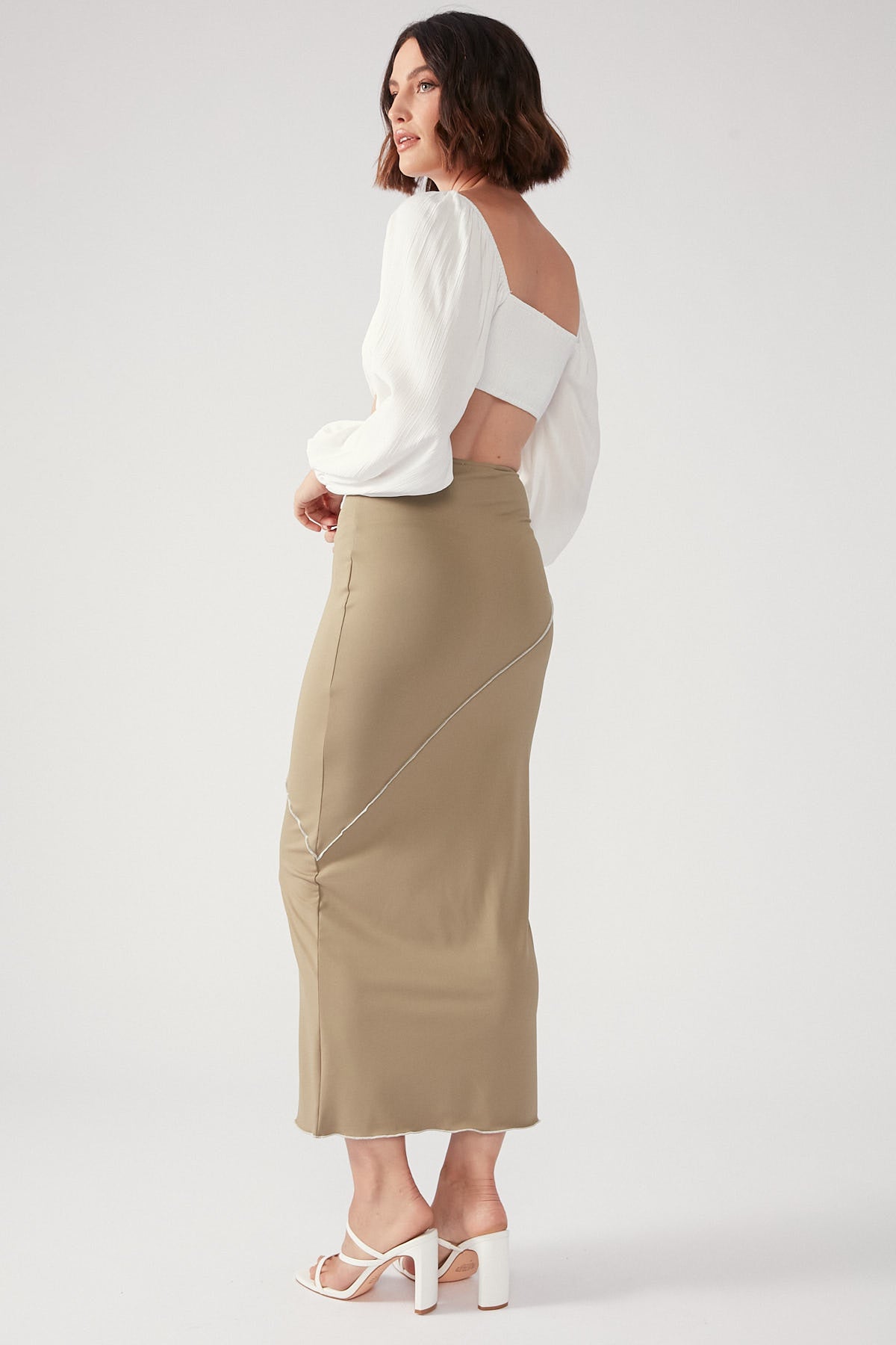 Perfect Stranger Asymmetric Contrast Midi Skirt Khaki
