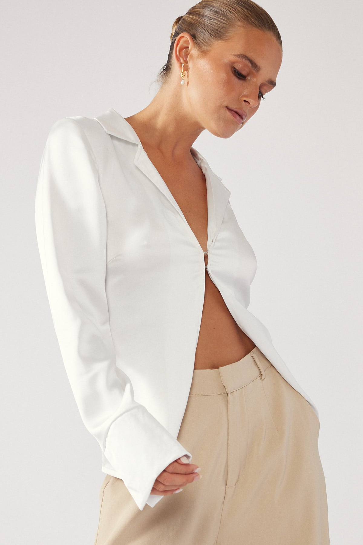 Perfect Stranger Stella Long Sleeve Satin Top White