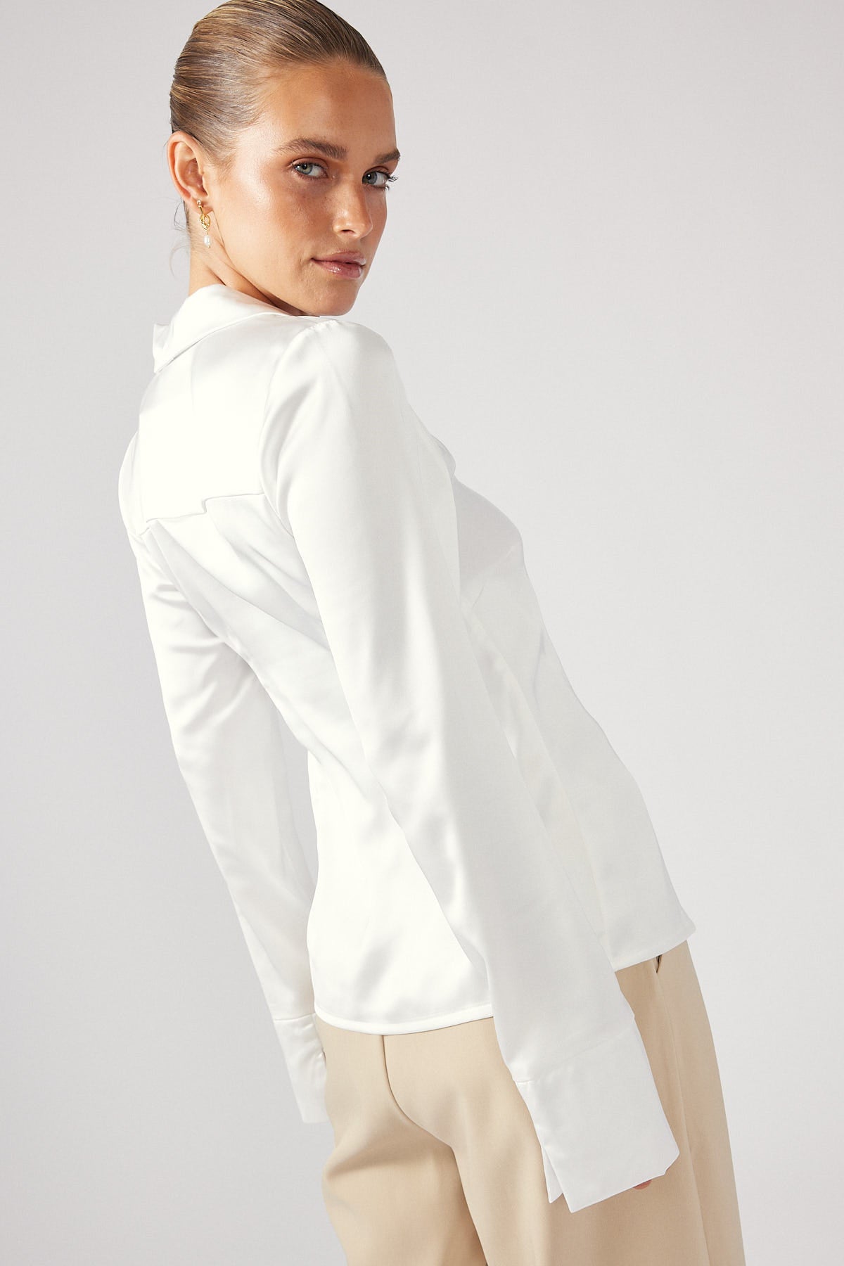 Perfect Stranger Stella Long Sleeve Satin Top White