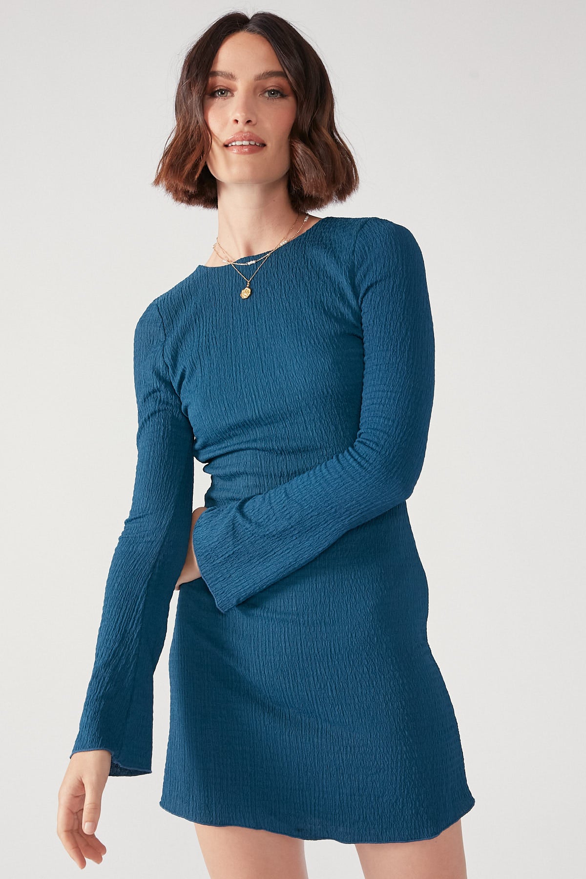 Perfect Stranger Olivia Open Back Long Sleeve Mini Dress Teal