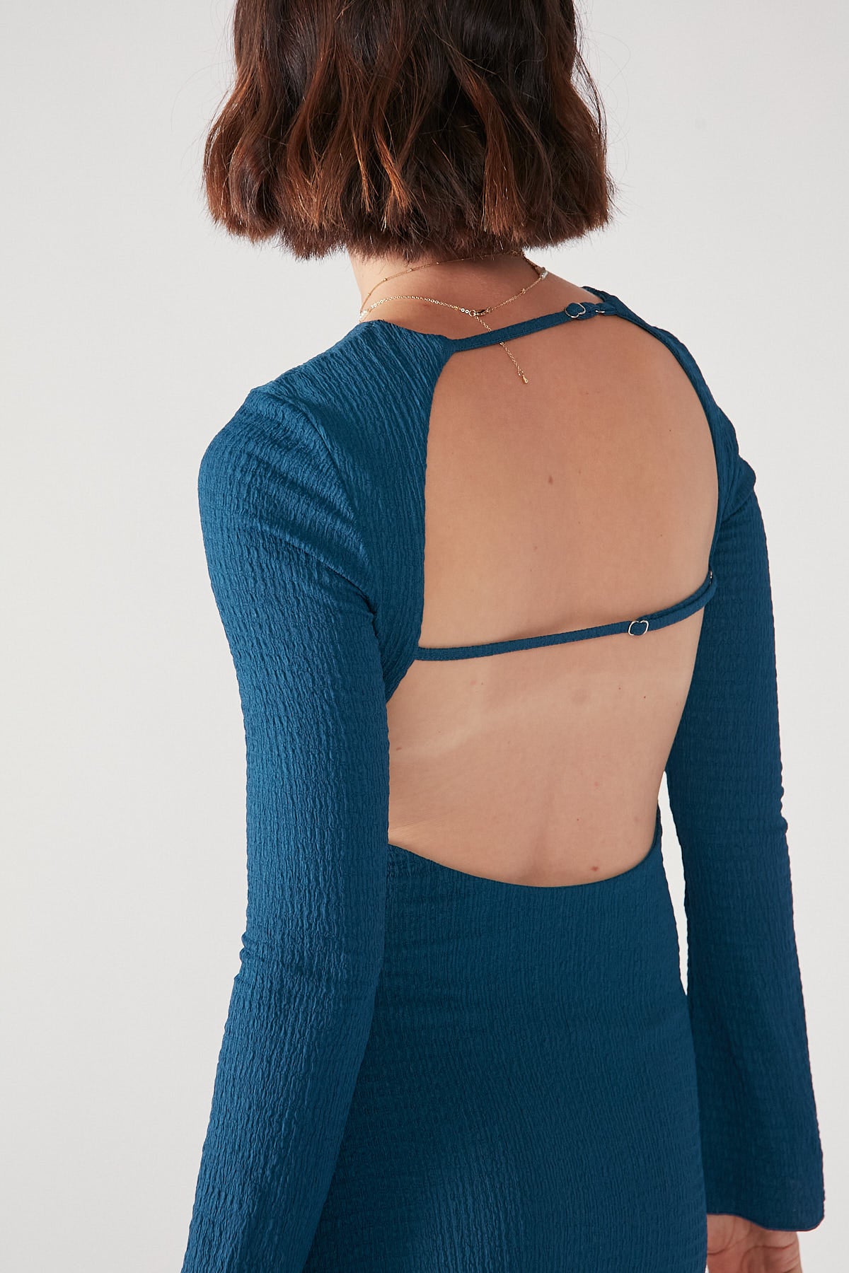 Perfect Stranger Olivia Open Back Long Sleeve Mini Dress Teal
