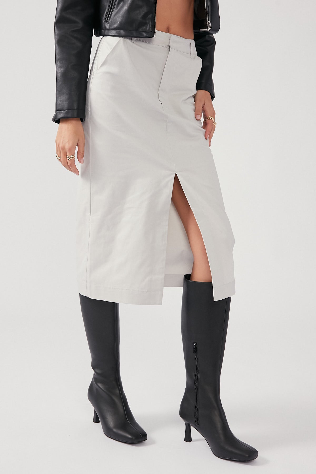 Perfect Stranger High Waist Utility Midi Skirt - Stone Stone
