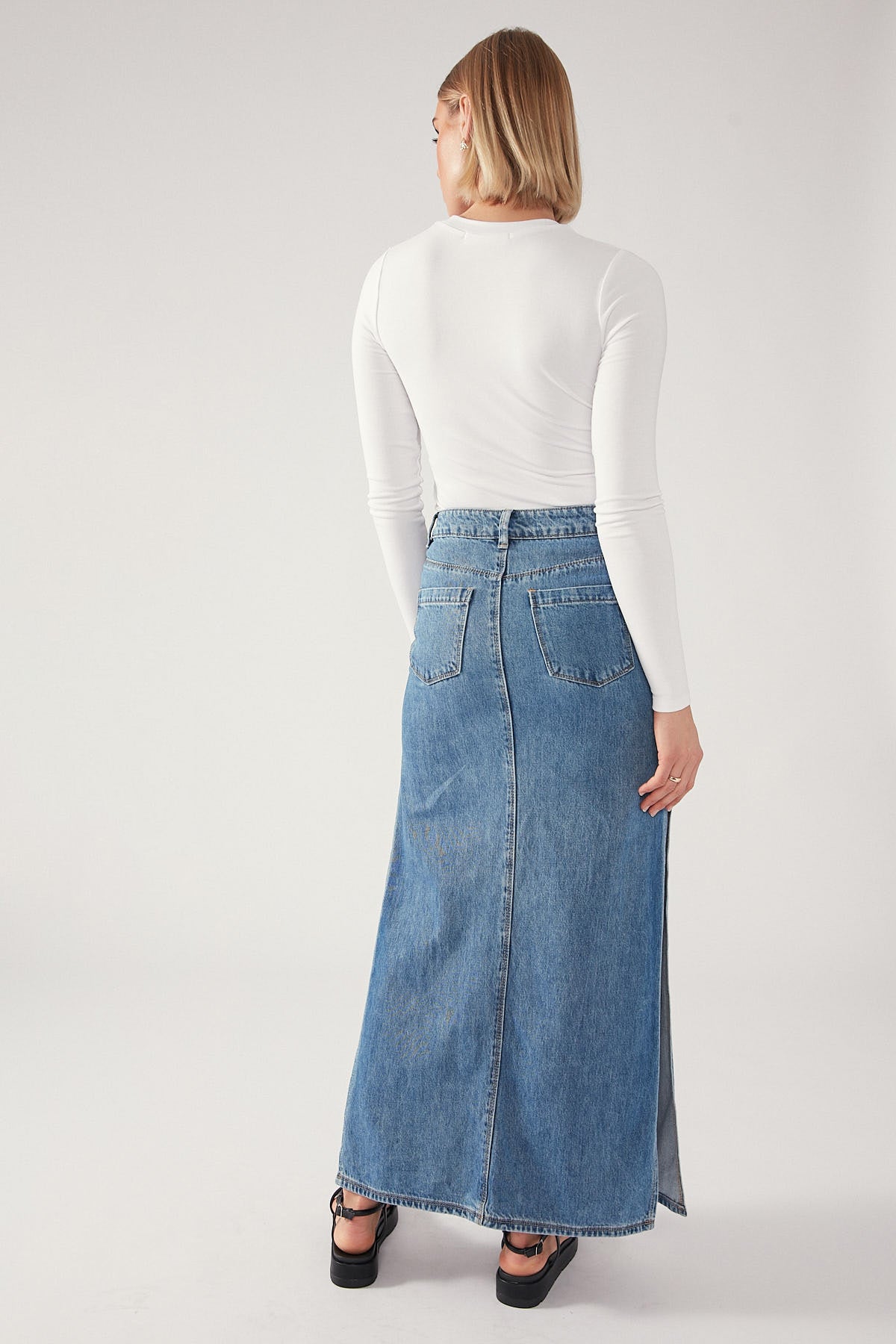 Perfect Stranger Denim Double Split Maxi Skirt Blue
