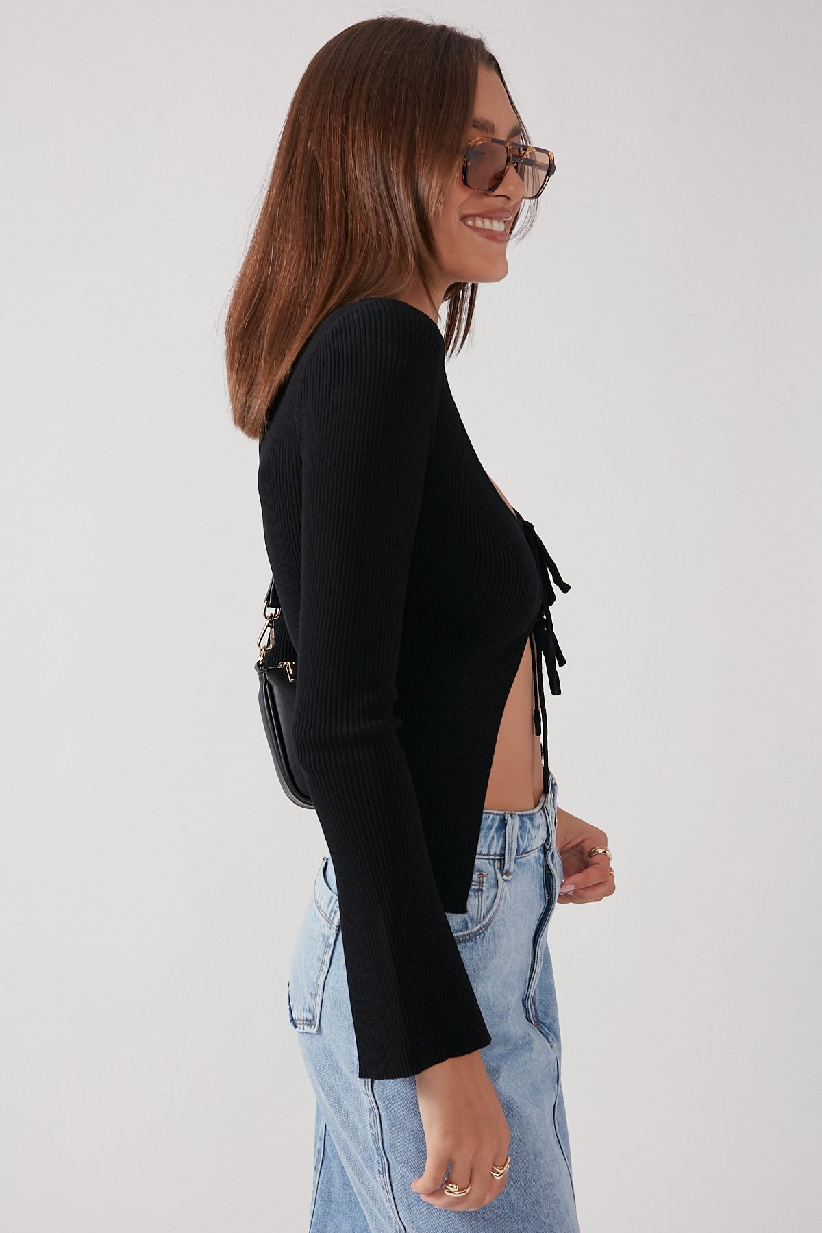 Perfect Stranger Tie Front Knit Top Black