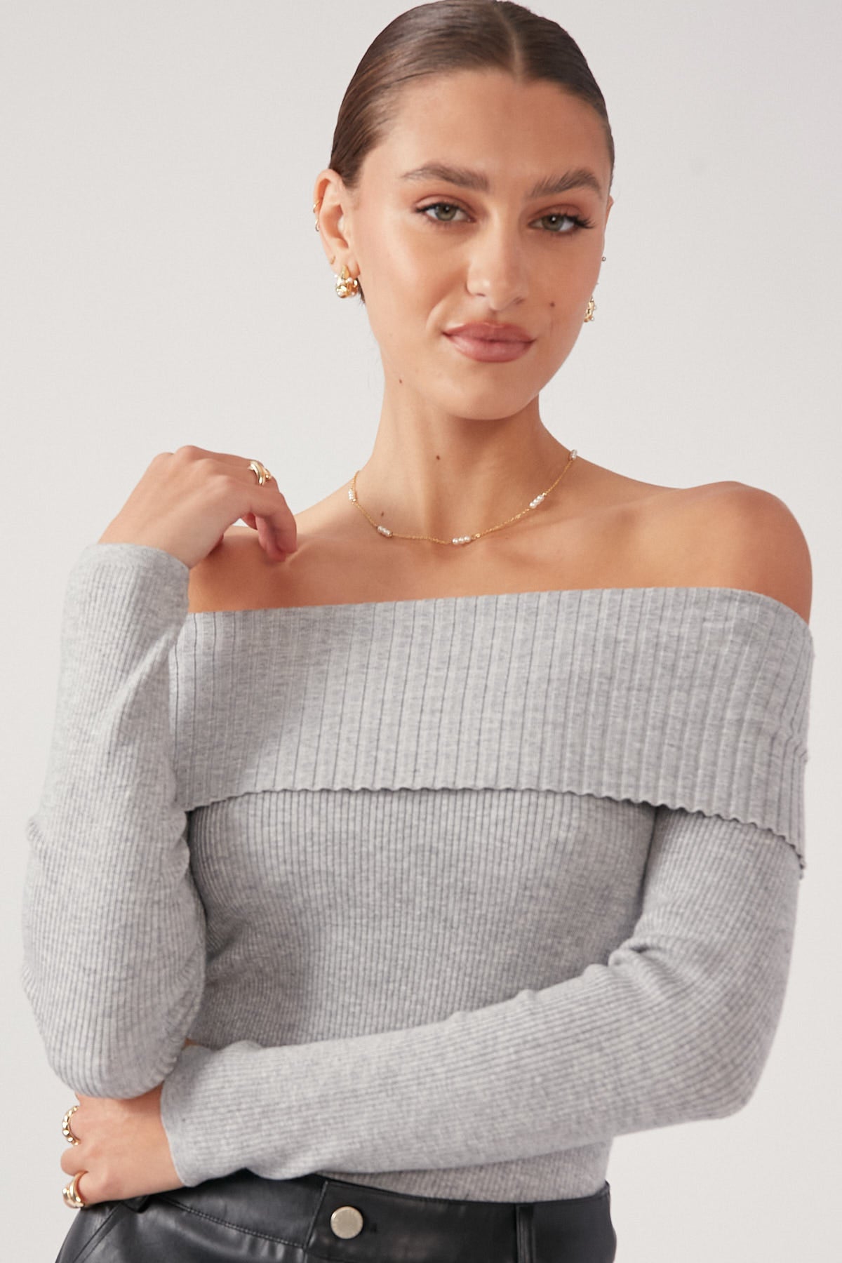Perfect Stranger Off Shoulder Knit Top Grey