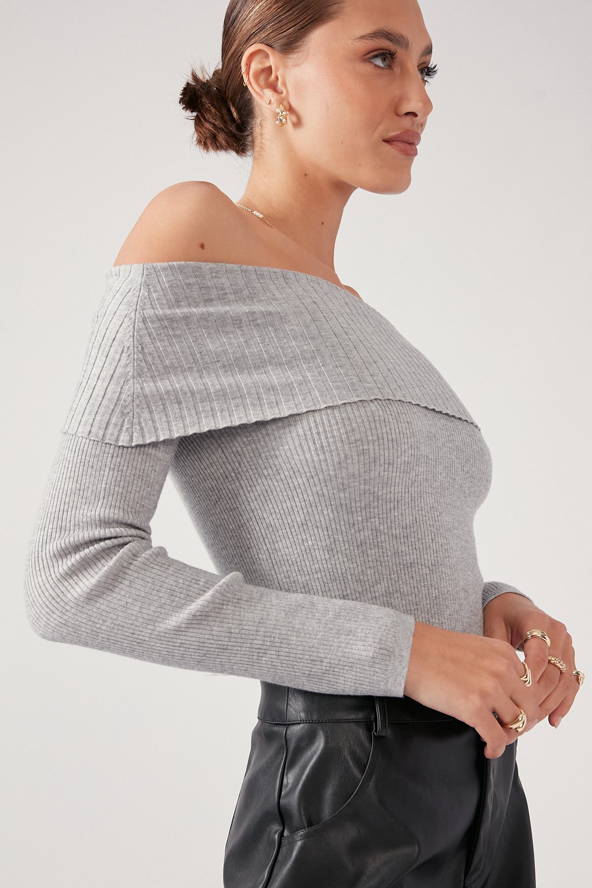 Perfect Stranger Off Shoulder Knit Top Grey