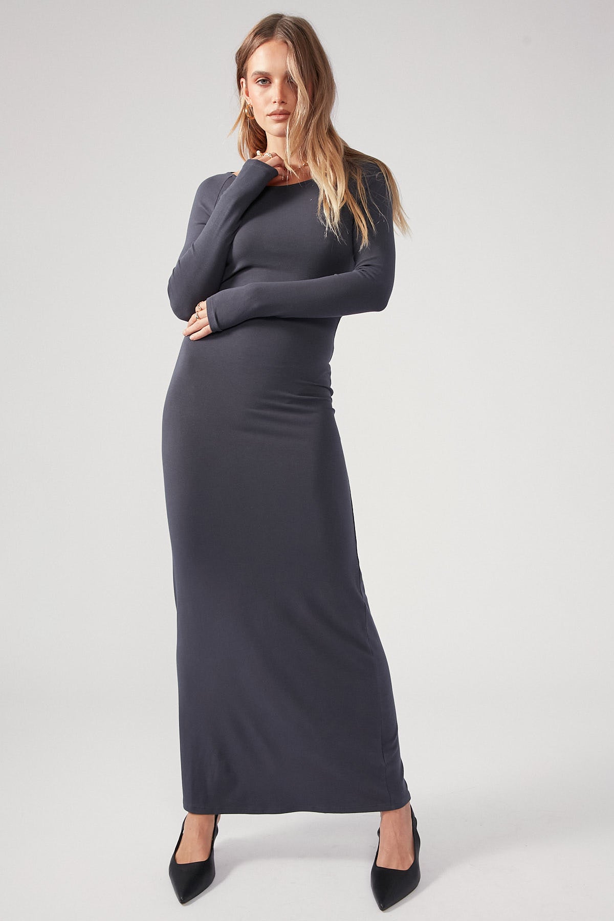 Perfect Stranger Open Back Long Sleeve Maxi Dress Charcoal
