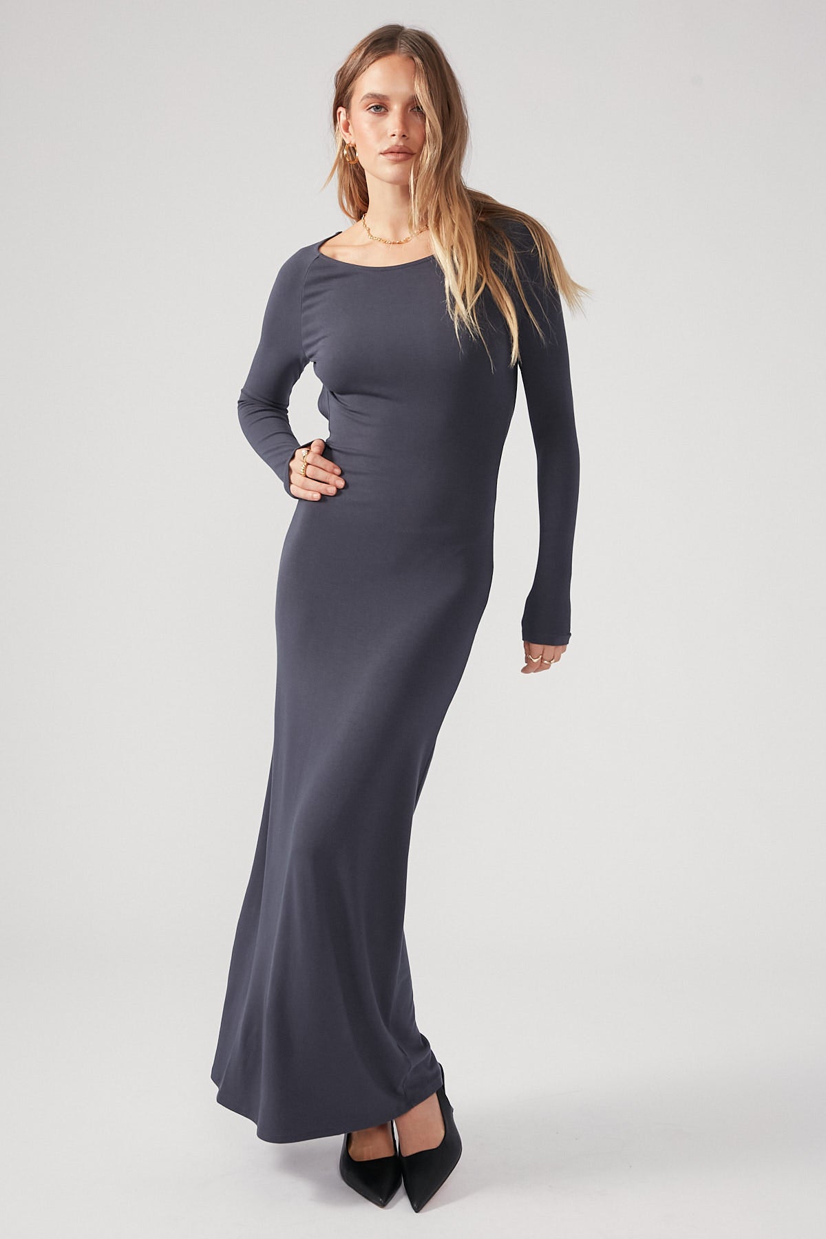 Perfect Stranger Open Back Long Sleeve Maxi Dress Charcoal