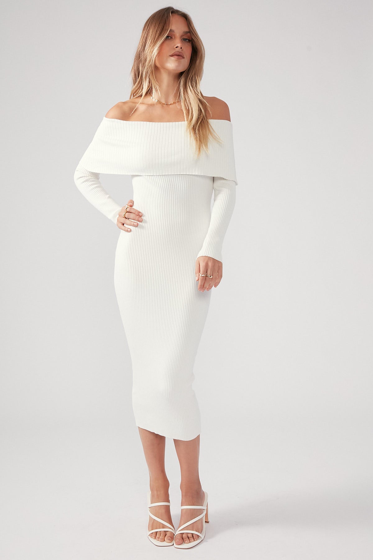 Perfect Stranger Off Shoulder Knit Midi Dress White