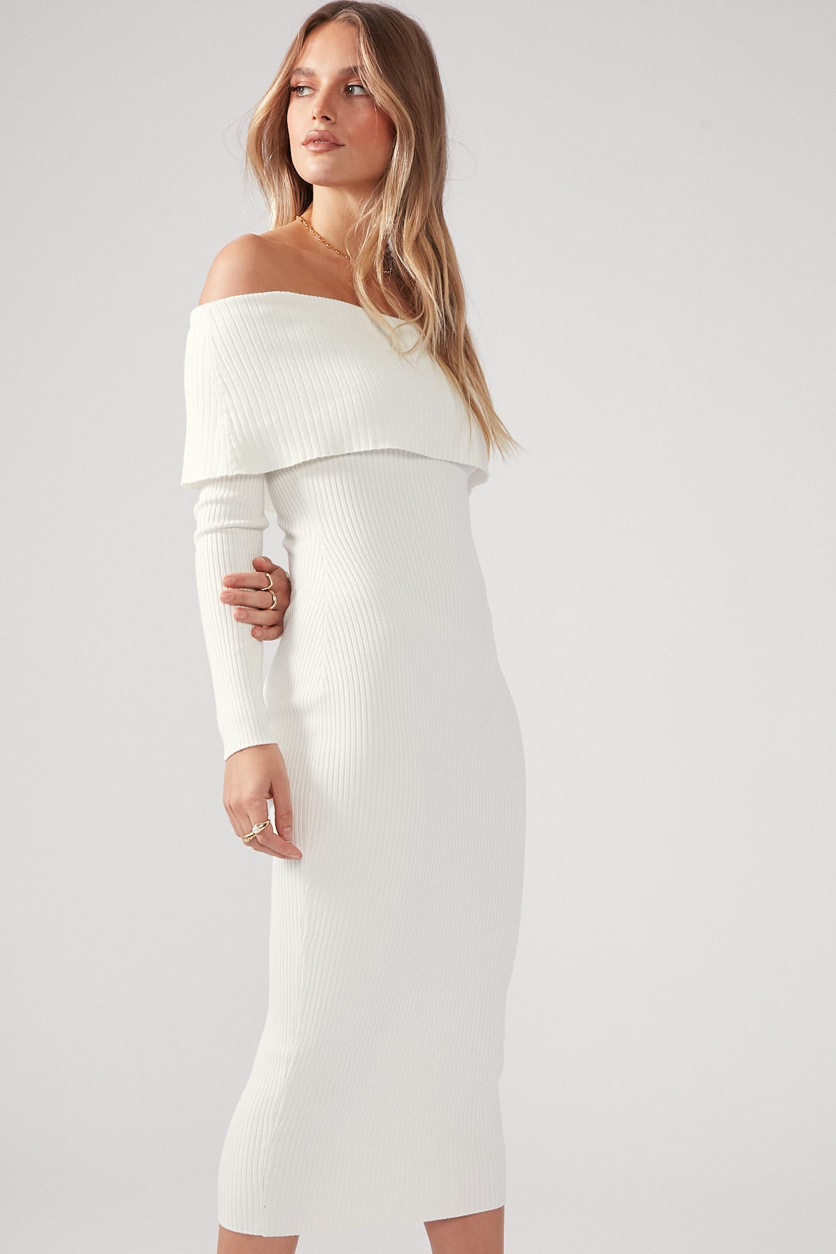 Perfect Stranger Off Shoulder Knit Midi Dress White
