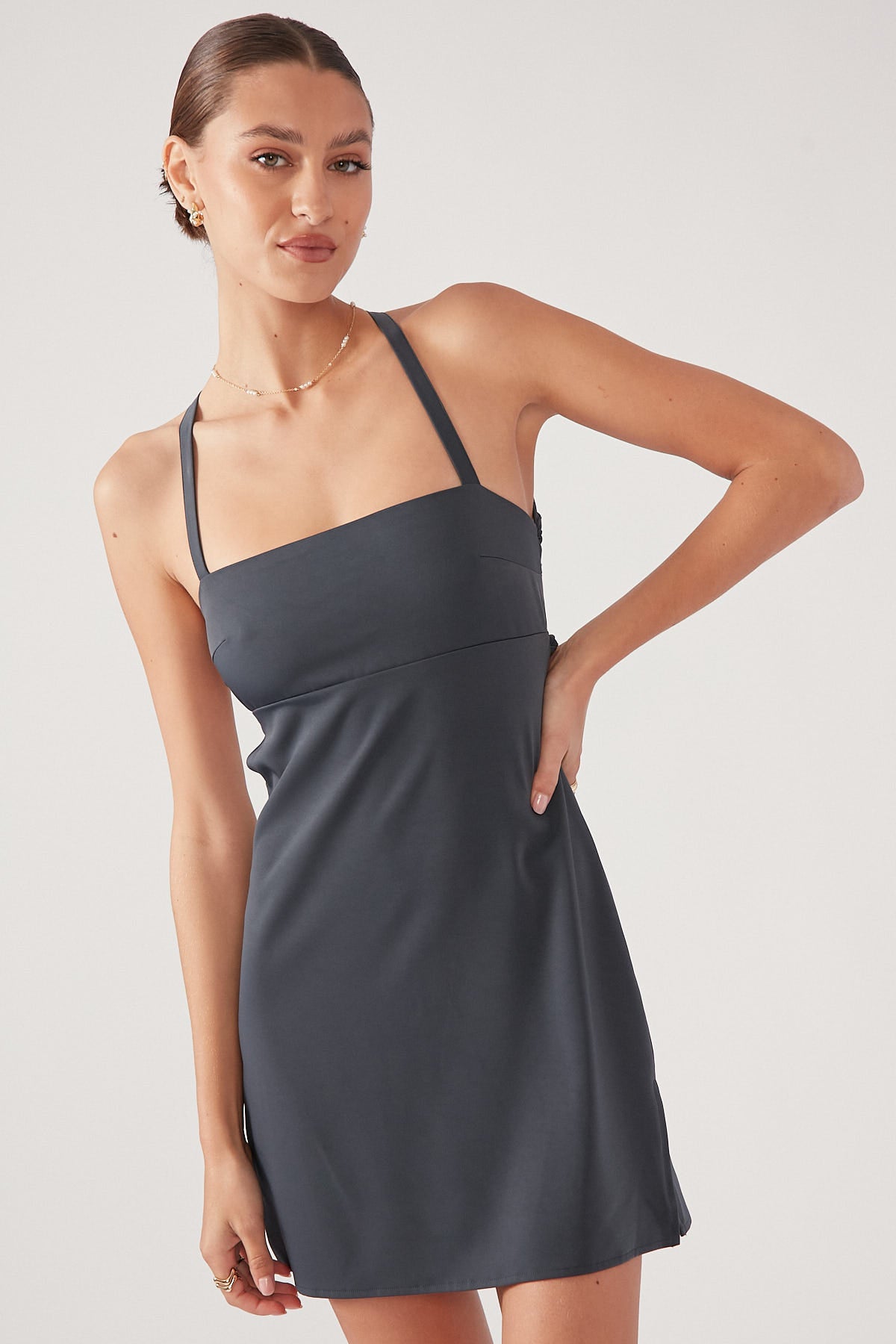 Perfect Stranger Lace Up Back Mini Dress Charcoal