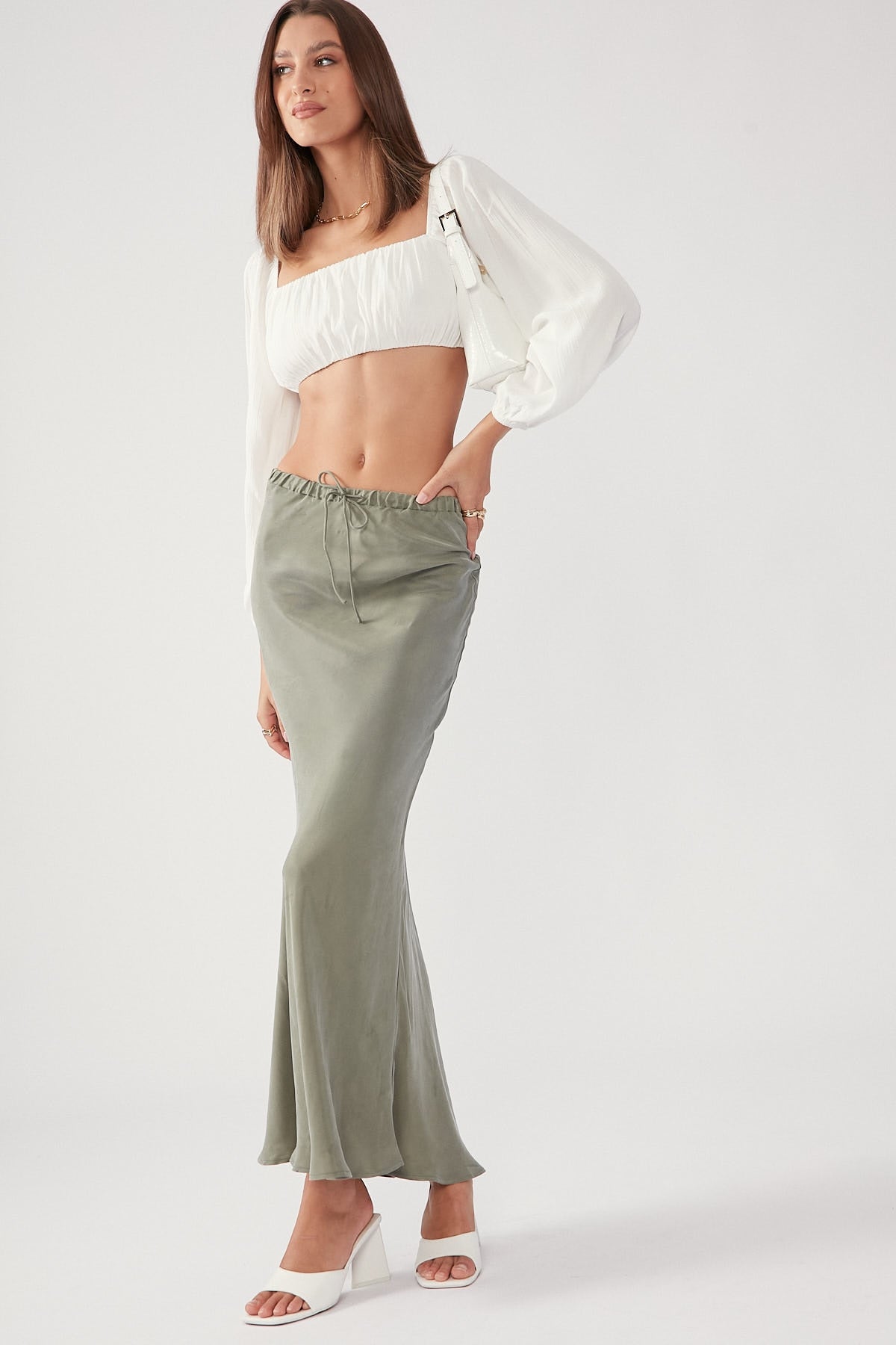 Perfect Stranger Drawcord High Rise Maxi Skirt Khaki