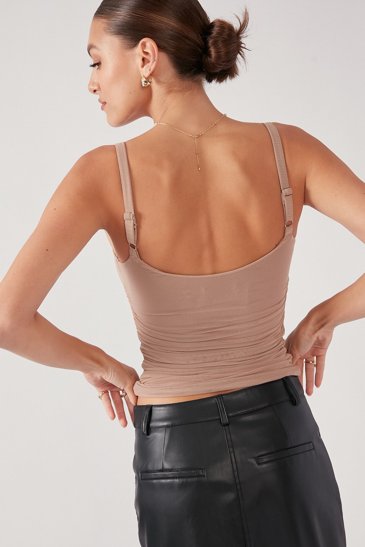 Perfect Stranger Gathered Mesh Tank Taupe