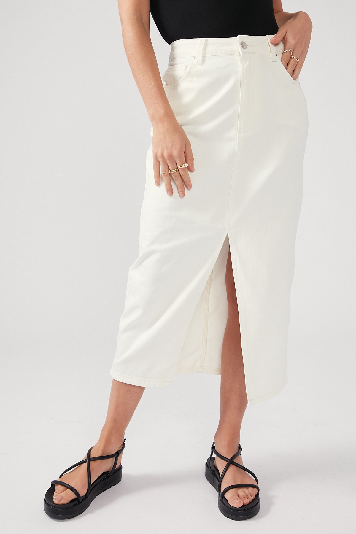 Perfect Stranger High Waist Split Denim Midi Skirt Ecru