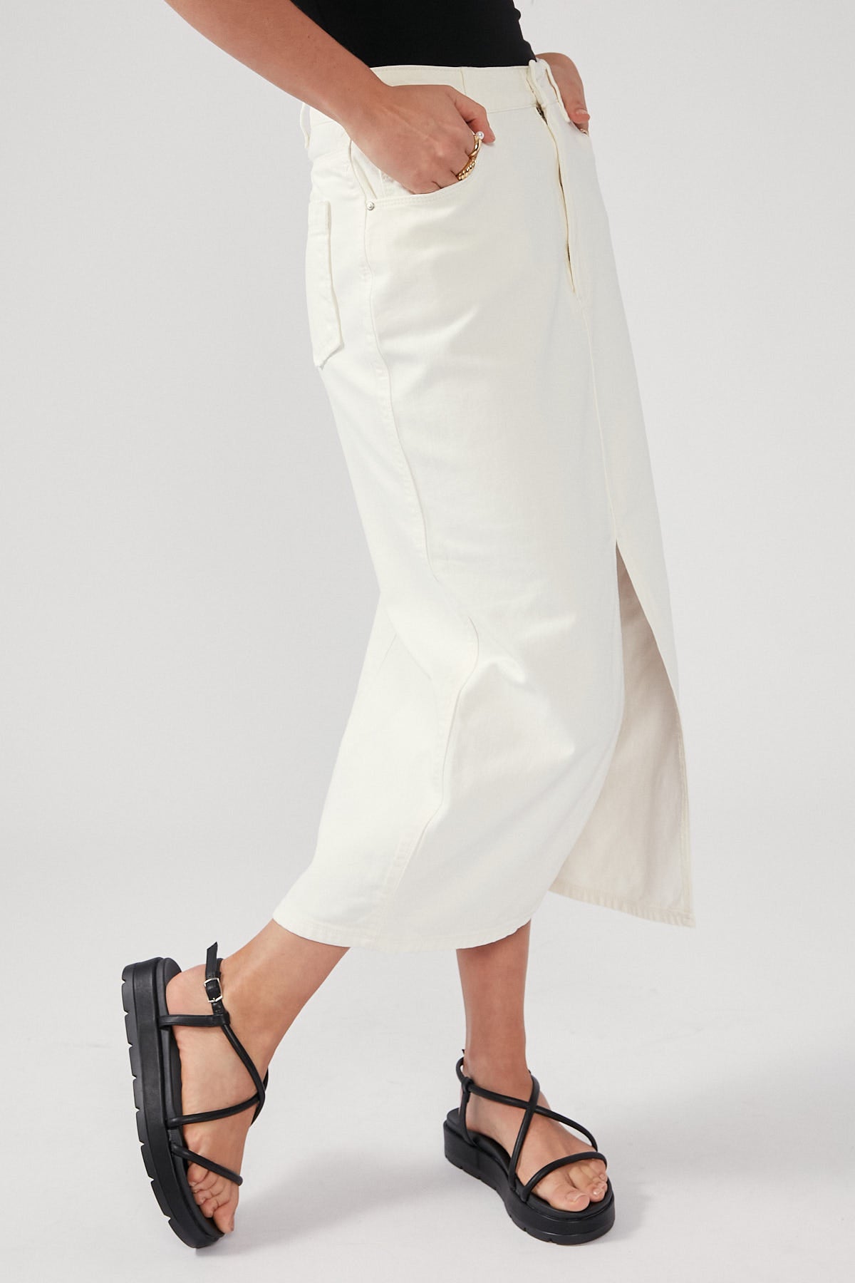 Perfect Stranger High Waist Split Denim Midi Skirt Ecru