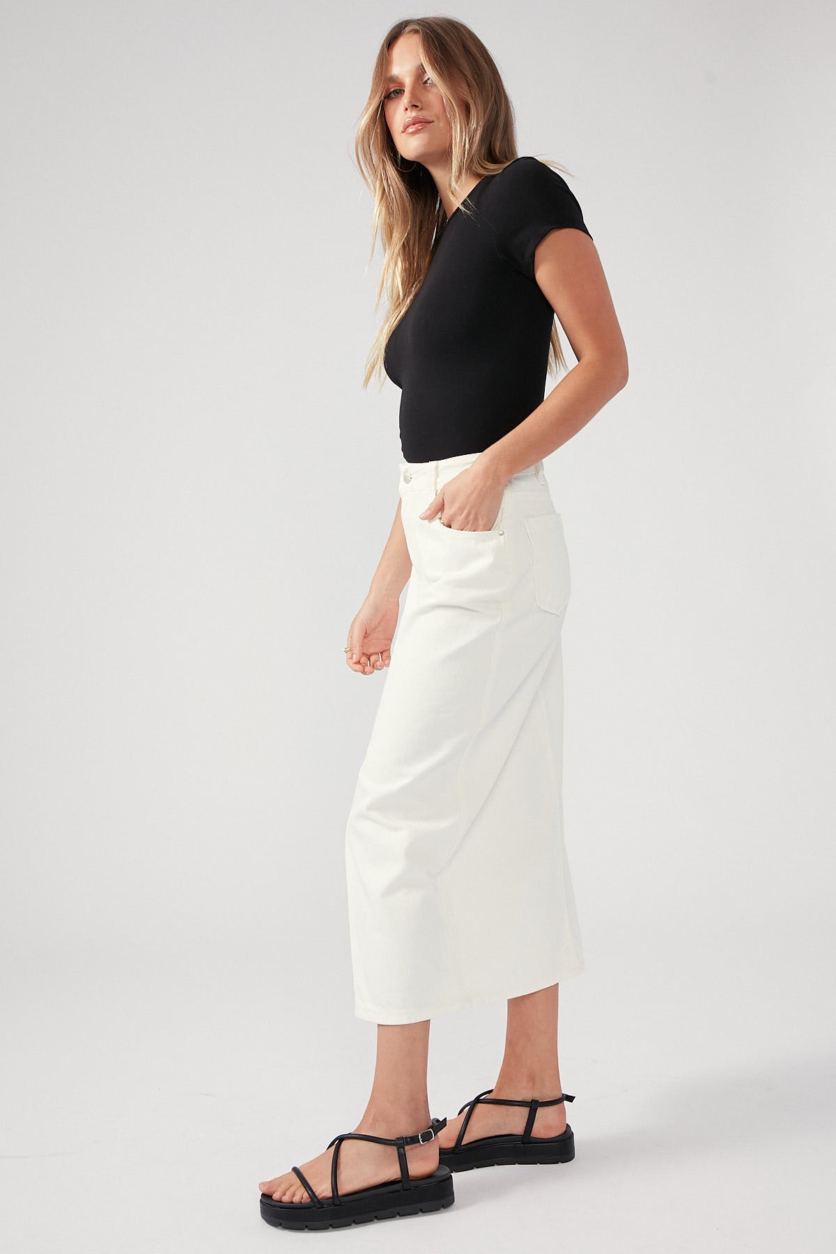 Perfect Stranger High Waist Split Denim Midi Skirt Ecru