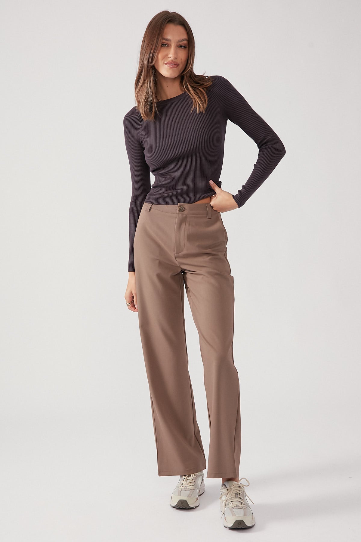 Perfect Stranger Basic Long Sleeve Knit Top Charcoal