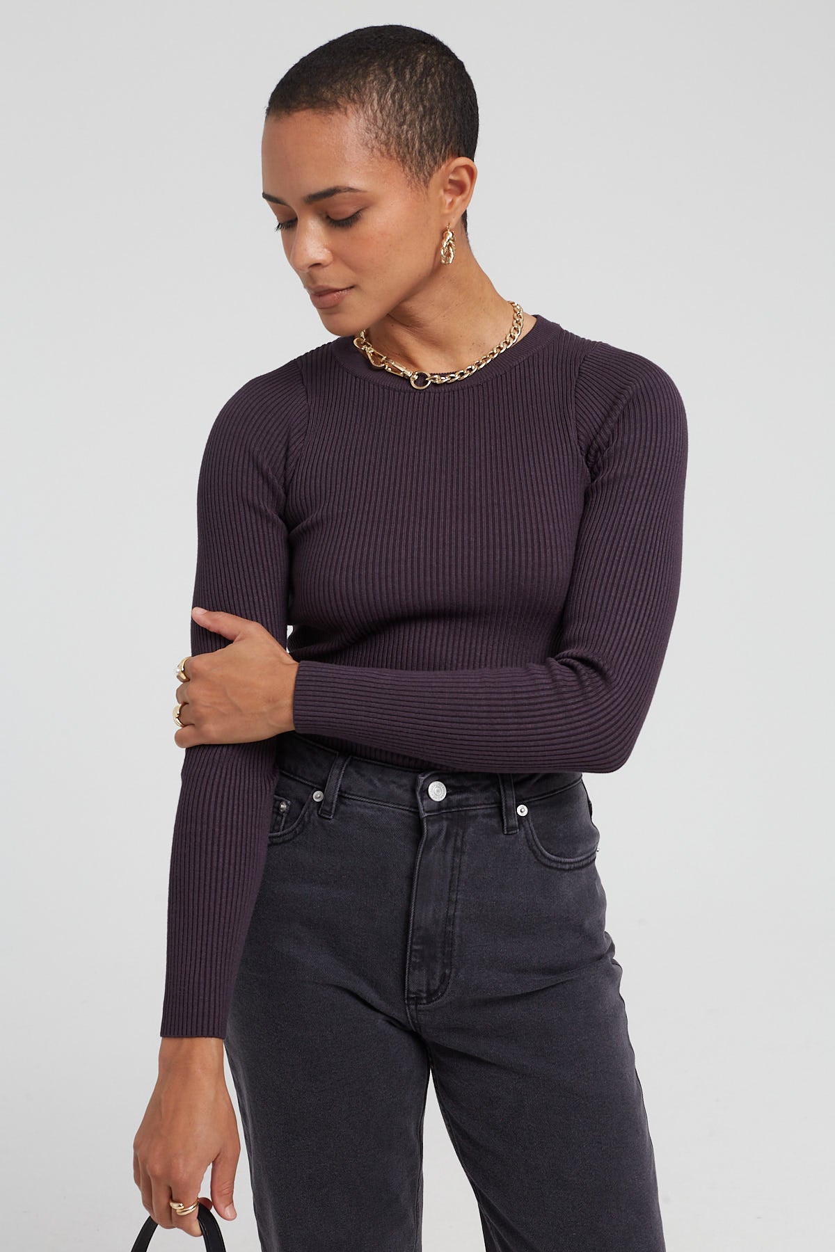 Perfect Stranger Basic Long Sleeve Knit Top Charcoal
