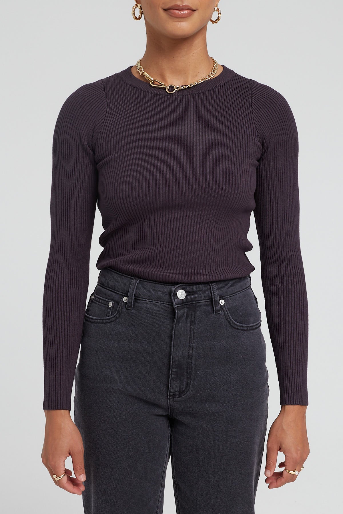 Perfect Stranger Basic Long Sleeve Knit Top Charcoal