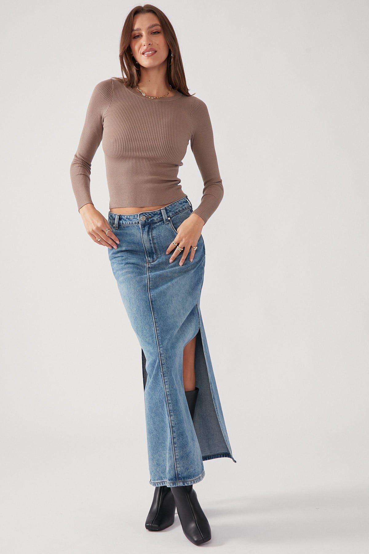 Perfect Stranger Basic Long Sleeve Knit Top Taupe