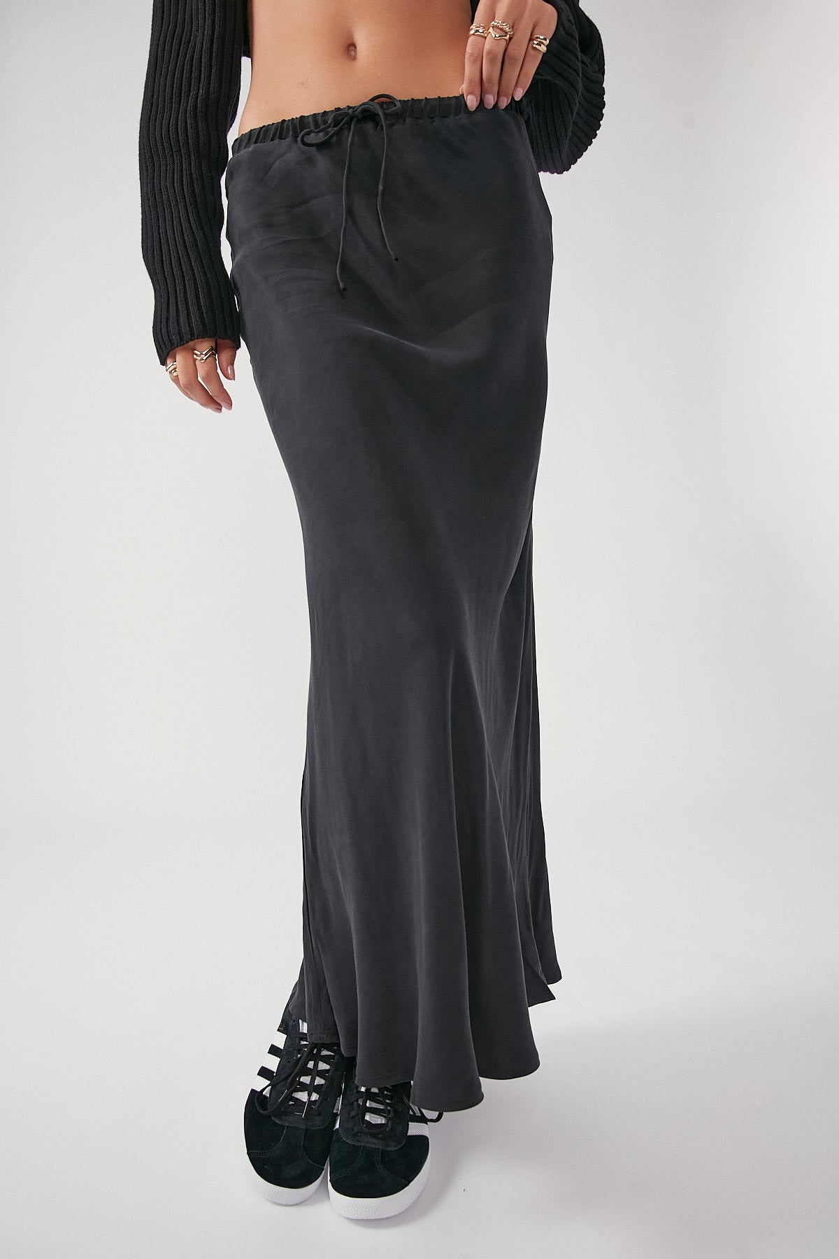 Perfect Stranger Drawcord High Rise Maxi Skirt Black