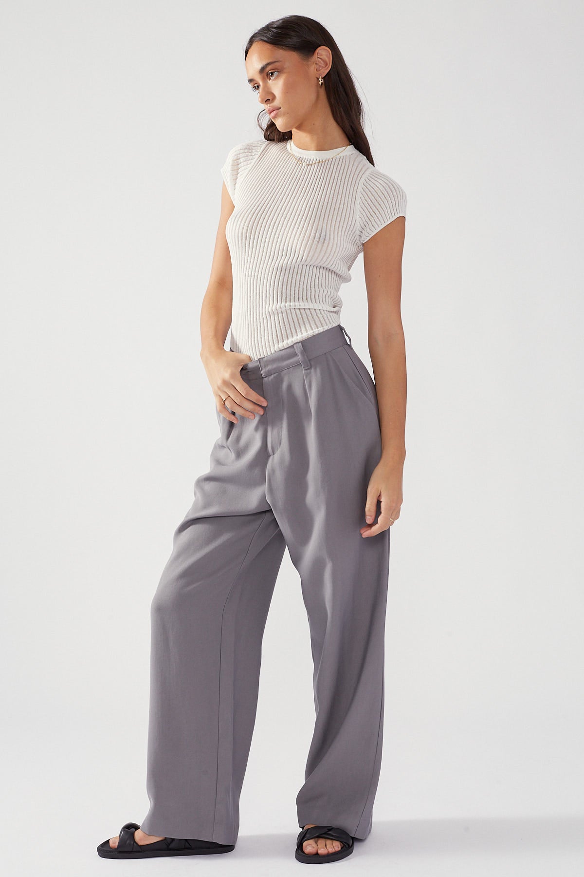 Perfect Stranger Tailored Wide Leg Petite Pant Charcoal