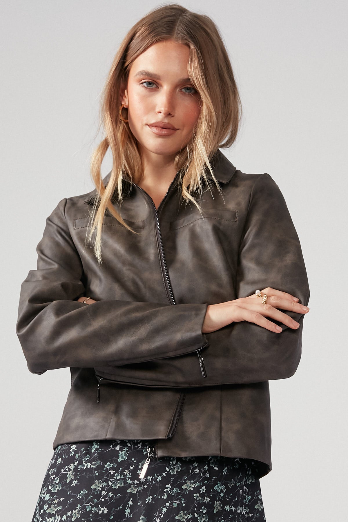 Perfect Stranger Distressed PU Moto Jacket Brown
