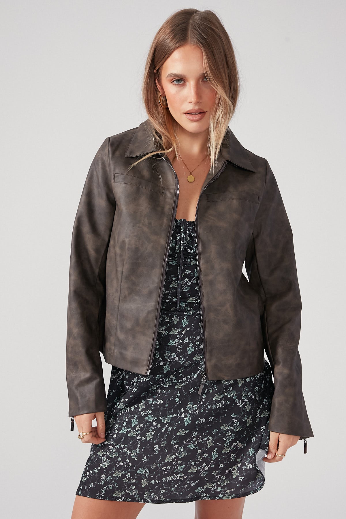Perfect Stranger Distressed PU Moto Jacket Brown