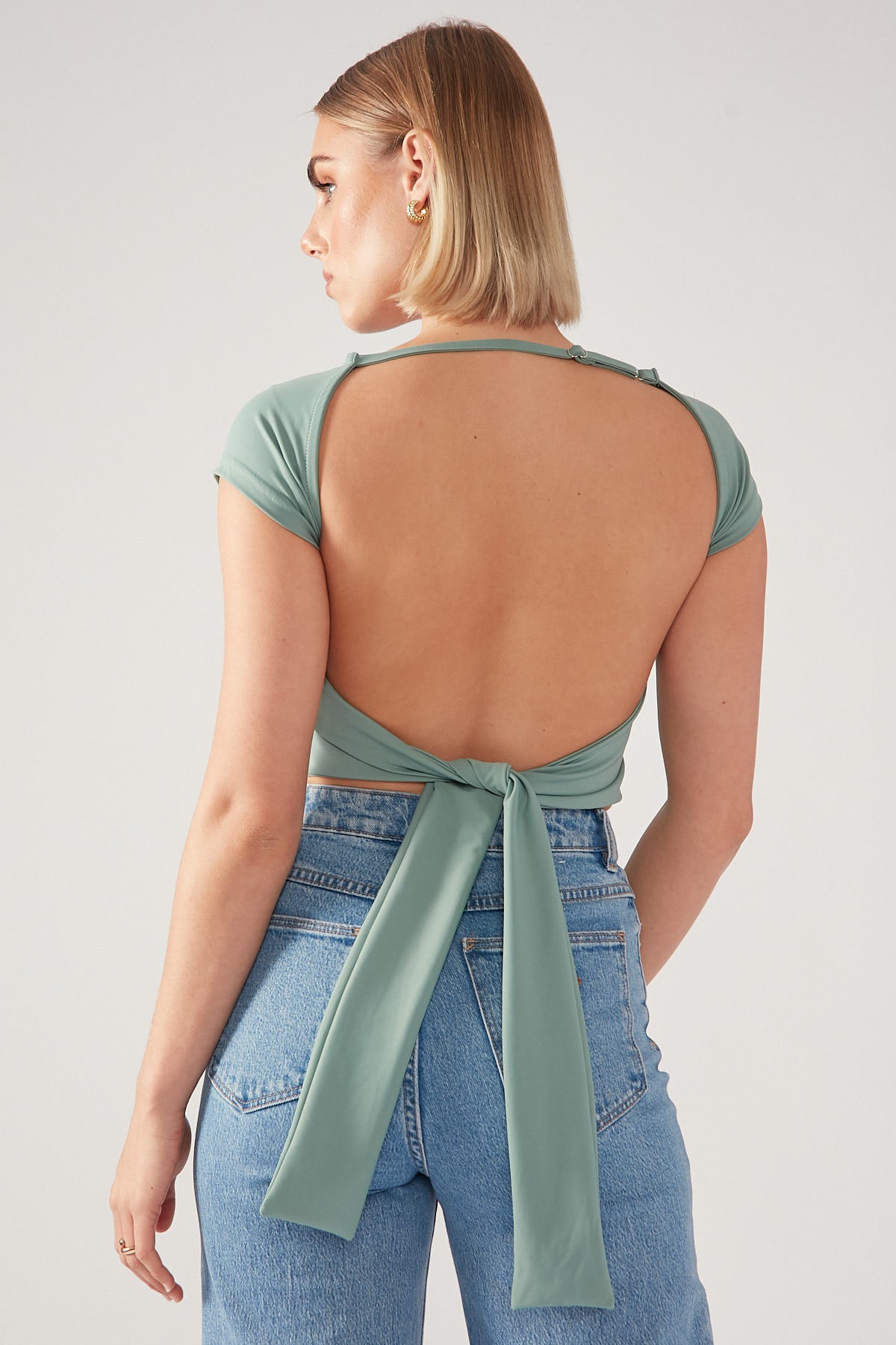 Perfect Stranger Tie Up Open Back Top Sage