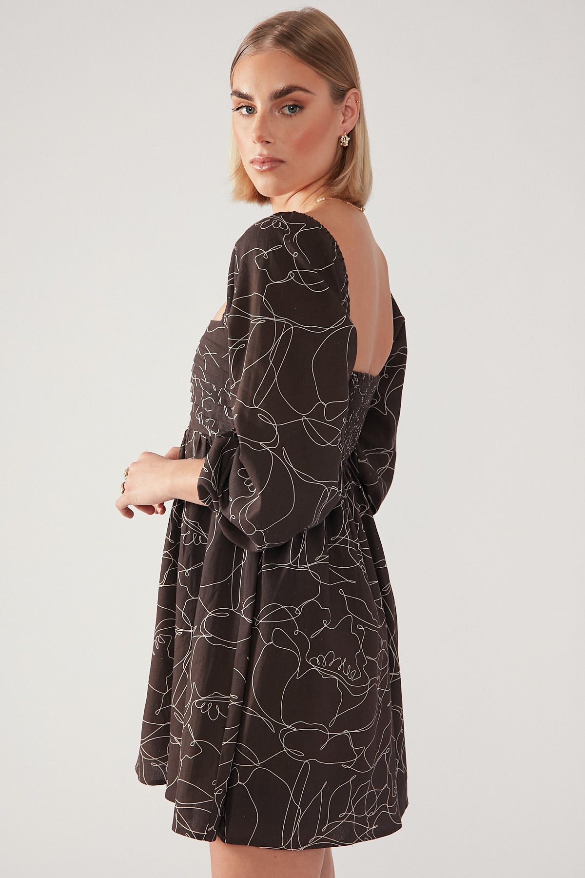 Perfect Stranger Cocoa L/S Wishlist Mini Dress Brown Print