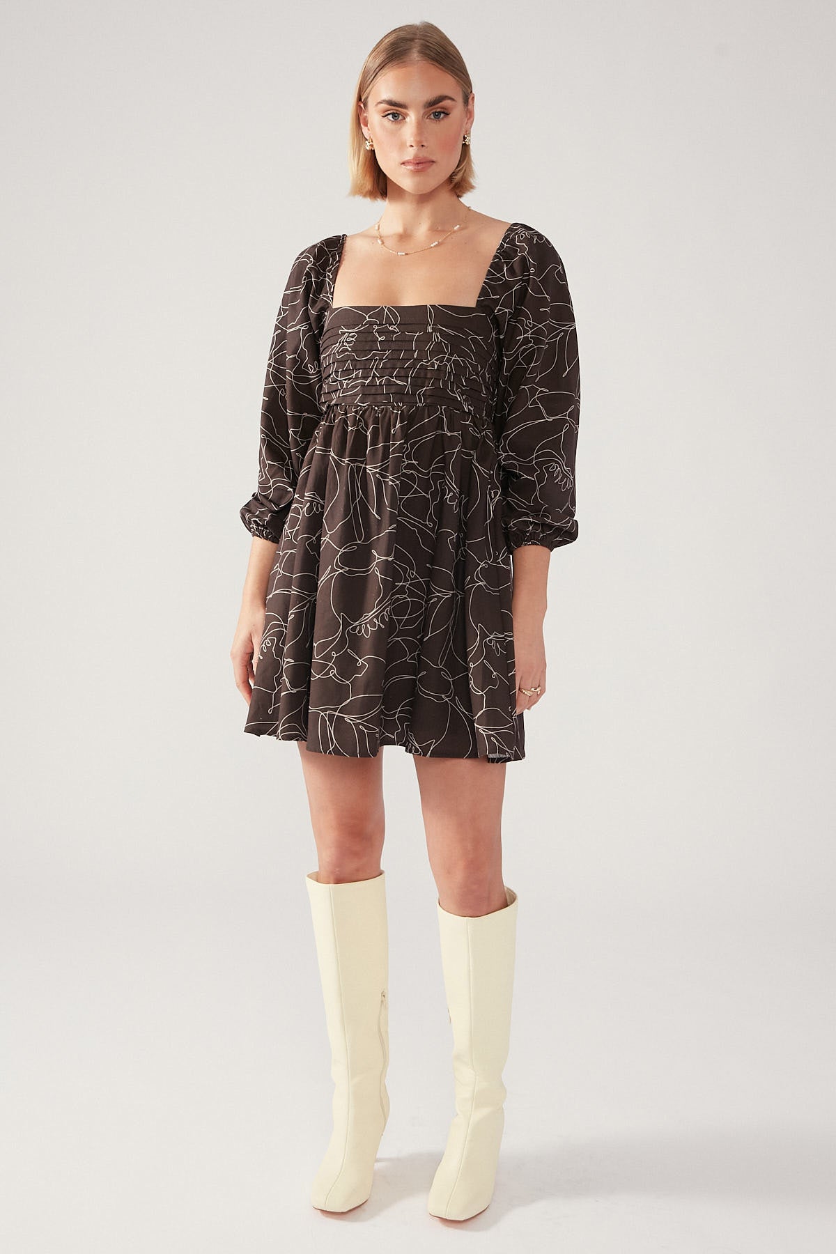 Perfect Stranger Cocoa L/S Wishlist Mini Dress Brown Print