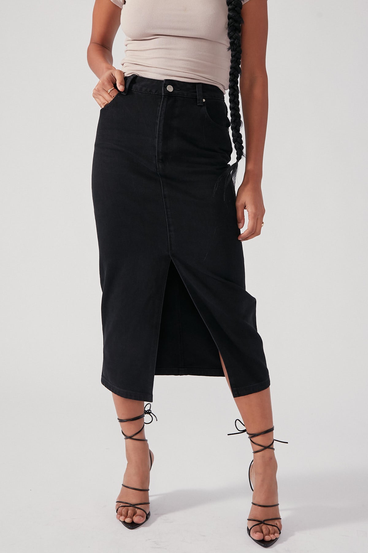 Perfect Stranger High Waist Split Denim Midi Skirt Black Wash