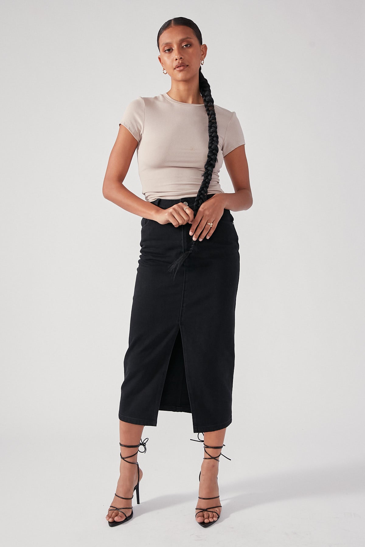 Perfect Stranger High Waist Split Denim Midi Skirt Black Wash