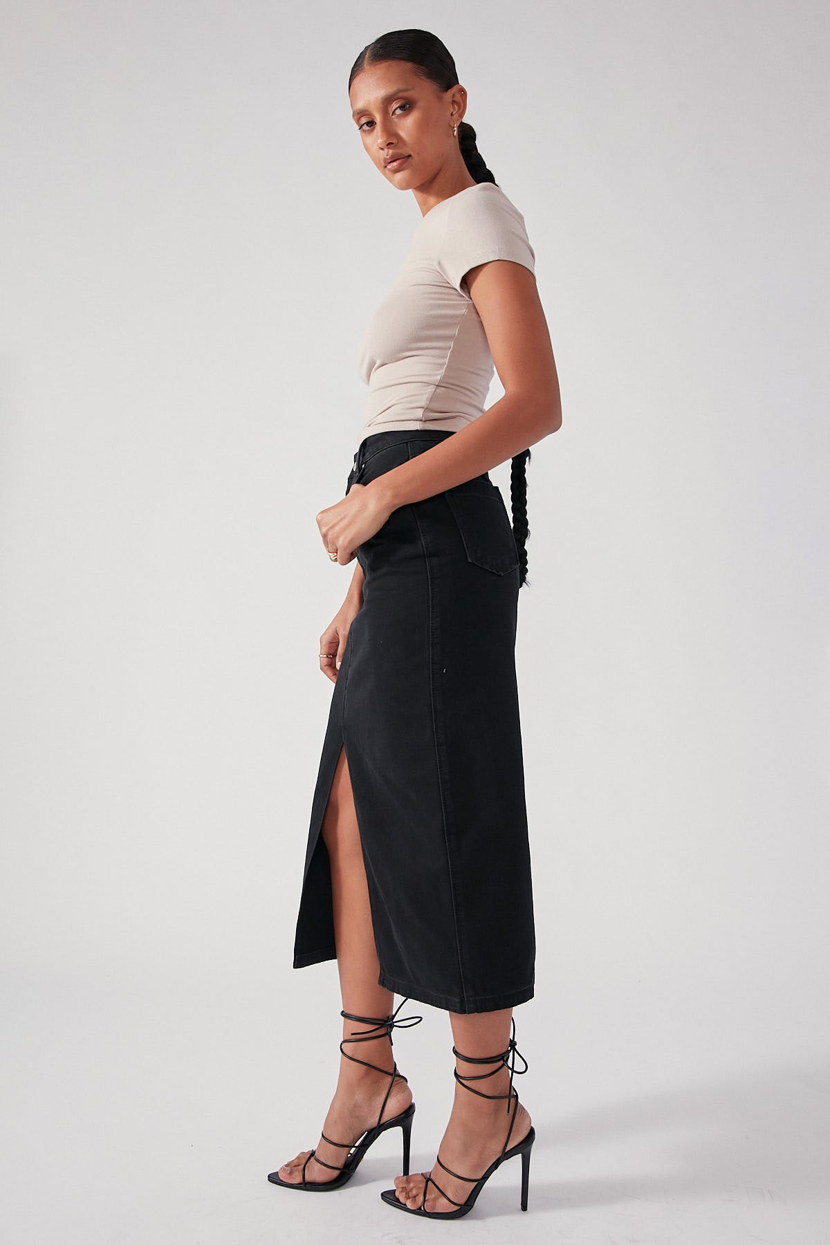Perfect Stranger High Waist Split Denim Midi Skirt Black Wash