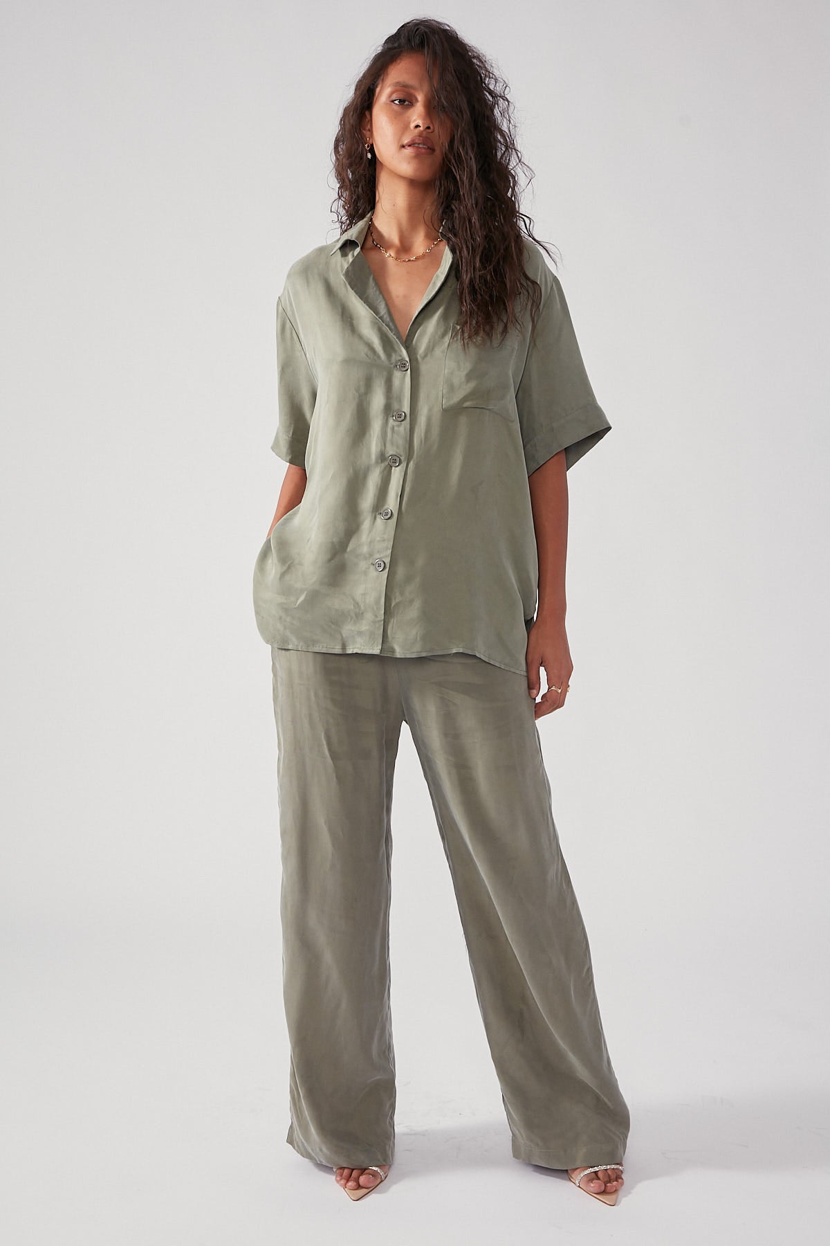 Perfect Stranger Ace Cupro Button Up Shirt Sage